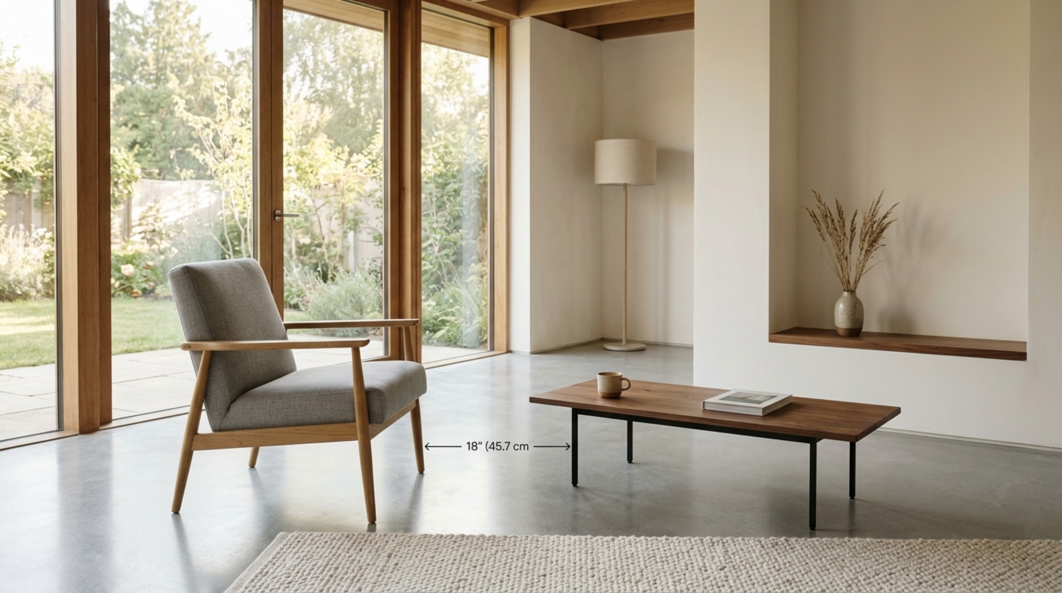 high-end look for less visualized with a slim profile mid-century chair placed at an 18-inch reach from a minimalist coffee table high-end look for less visualized with a slim profile mid-century chair placed at an 18-inch reach from a minimalist coffee table
