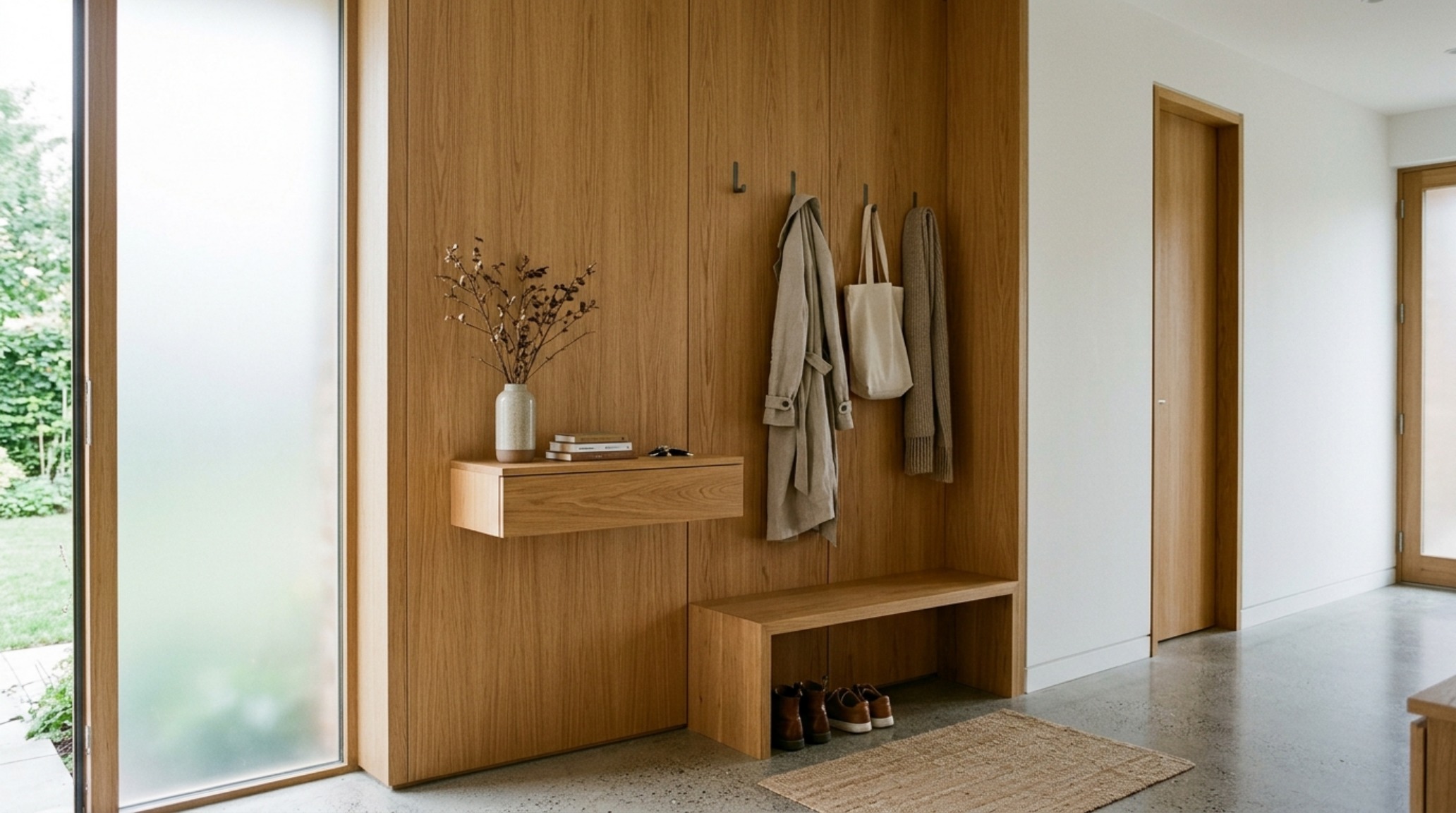 affordable modern home hacks featuring a concealed entryway landing strip for keys and mail integrated into a sculptural wood wall panel affordable modern home hacks featuring a concealed entryway landing strip for keys and mail integrated into a sculptural wood wall panel
