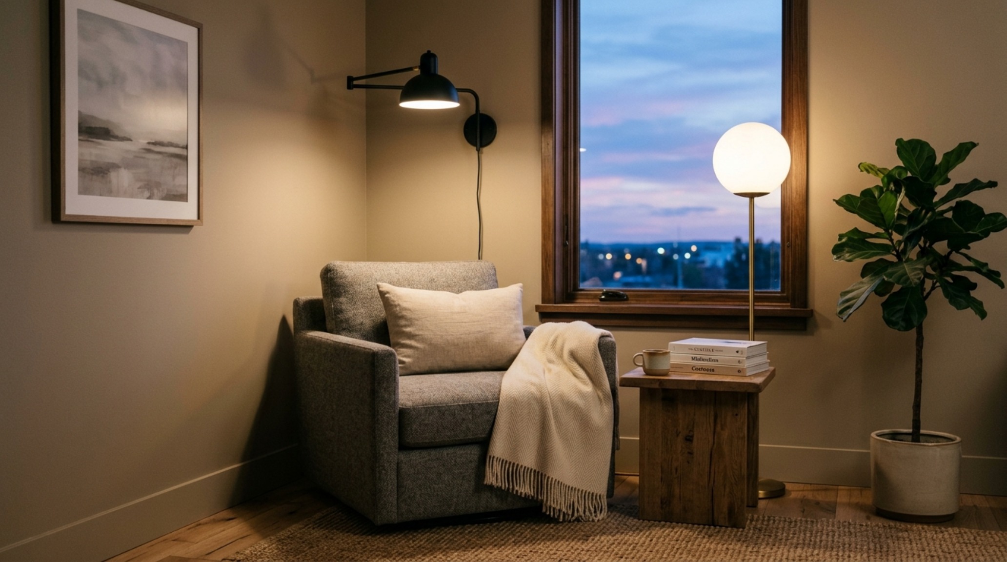 minimalist interior design tips demonstrated through layered 2700K ambient lighting and a matte black swing-arm sconce in a compact living area minimalist interior design tips demonstrated through layered 2700K ambient lighting and a matte black swing-arm sconce in a compact living area