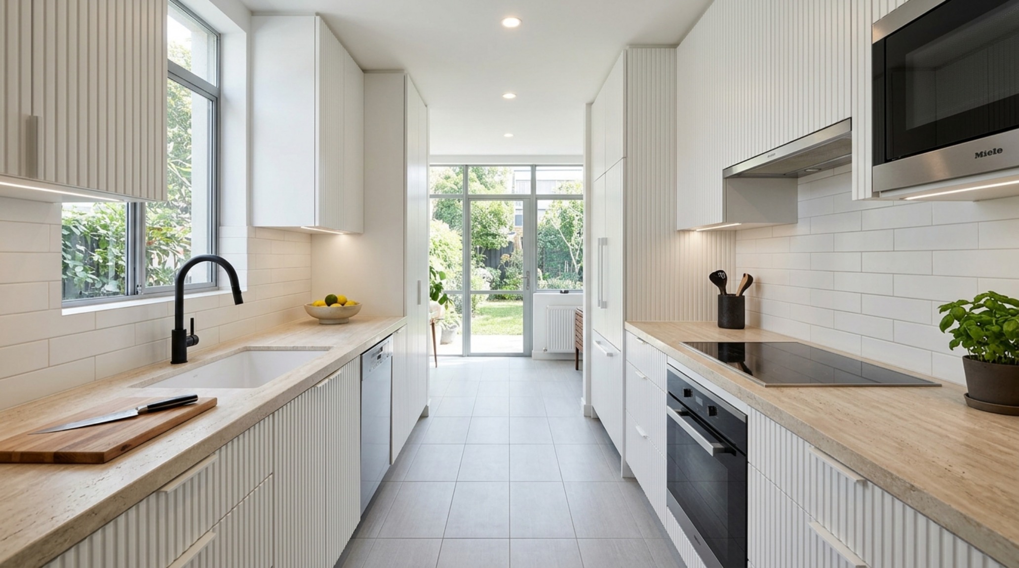 high-end look for less featuring a galley kitchen with 36-inch clearances and honed travertine countertops paired with minimalist hardware high-end look for less featuring a galley kitchen with 36-inch clearances and honed travertine countertops paired with minimalist hardware