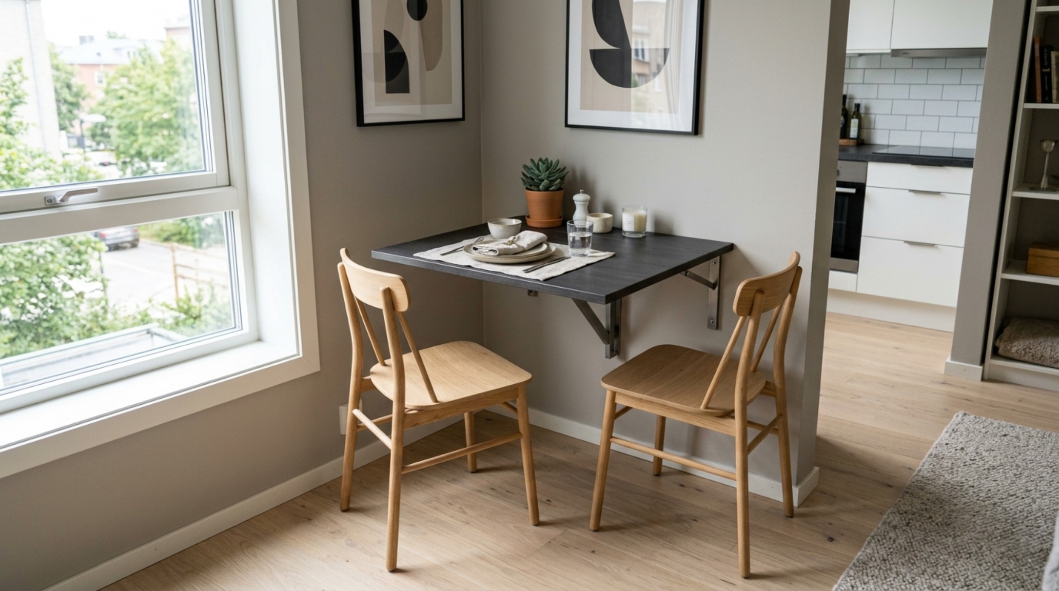 modern small space solutions highlighting a wall-mounted drop-leaf dining table that clears the floor plane when not in use modern small space solutions highlighting a wall-mounted drop-leaf dining table that clears the floor plane when not in use