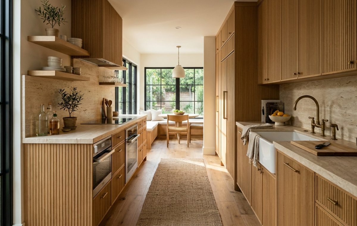 luxury galley kitchen transformations featuring fluted white oak cabinetry and honed travertine countertops with integrated appliances