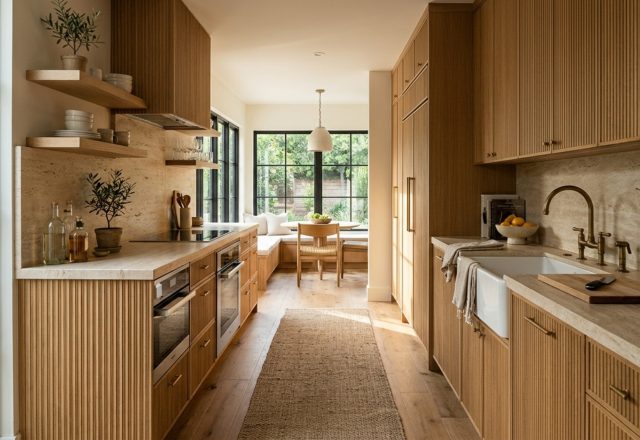 luxury galley kitchen transformations featuring fluted white oak cabinetry and honed travertine countertops with integrated appliances