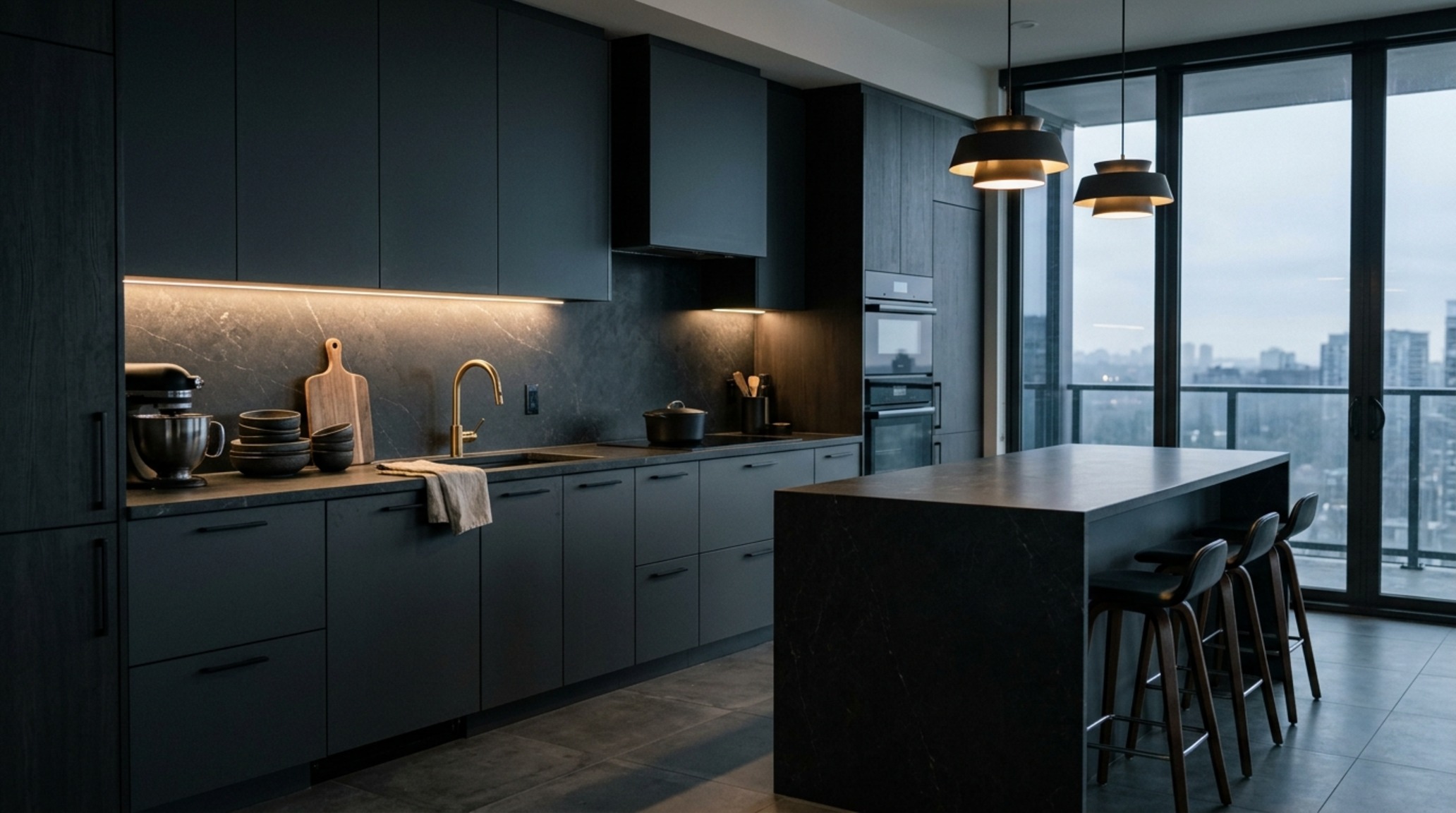 monochromatic kitchen design trends featuring a tonal splashback and matching stone counters for a sculptural architectural look