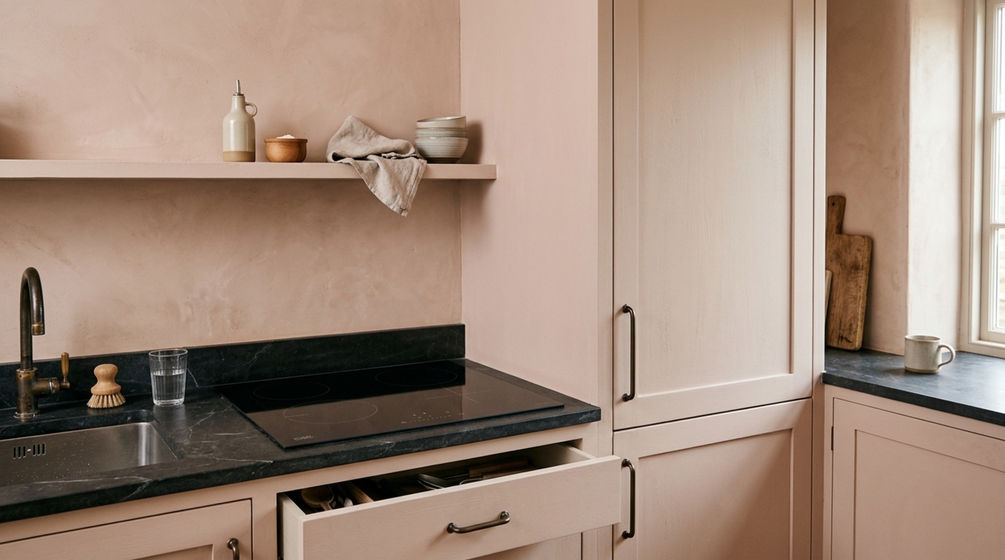 integrated small space appliances including a 24-inch paneled refrigerator and flush-mounted induction hob for a seamless finish
