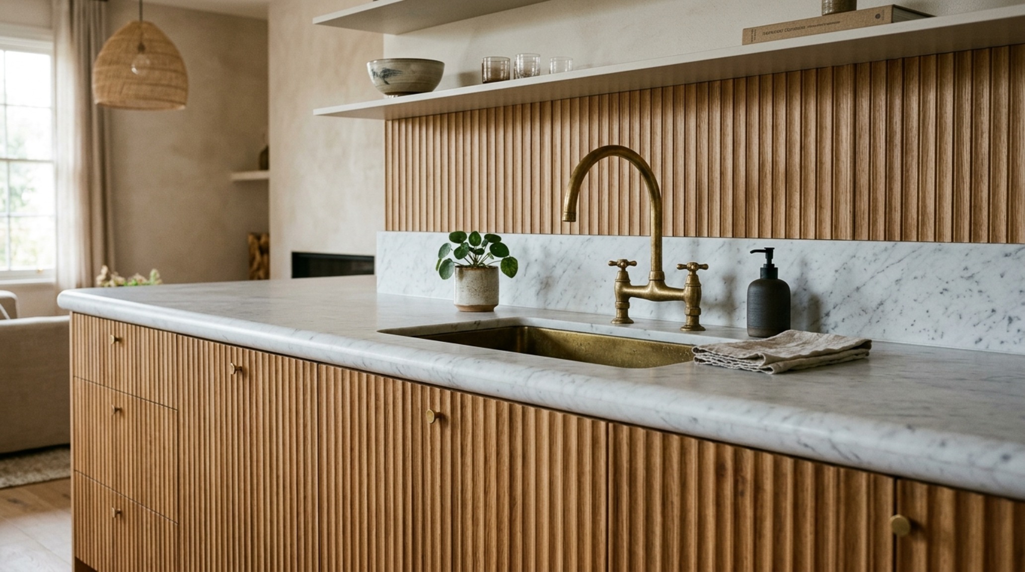 bespoke kitchenette material palettes showcasing the contrast between patinated brass hardware and soft matte plaster walls
