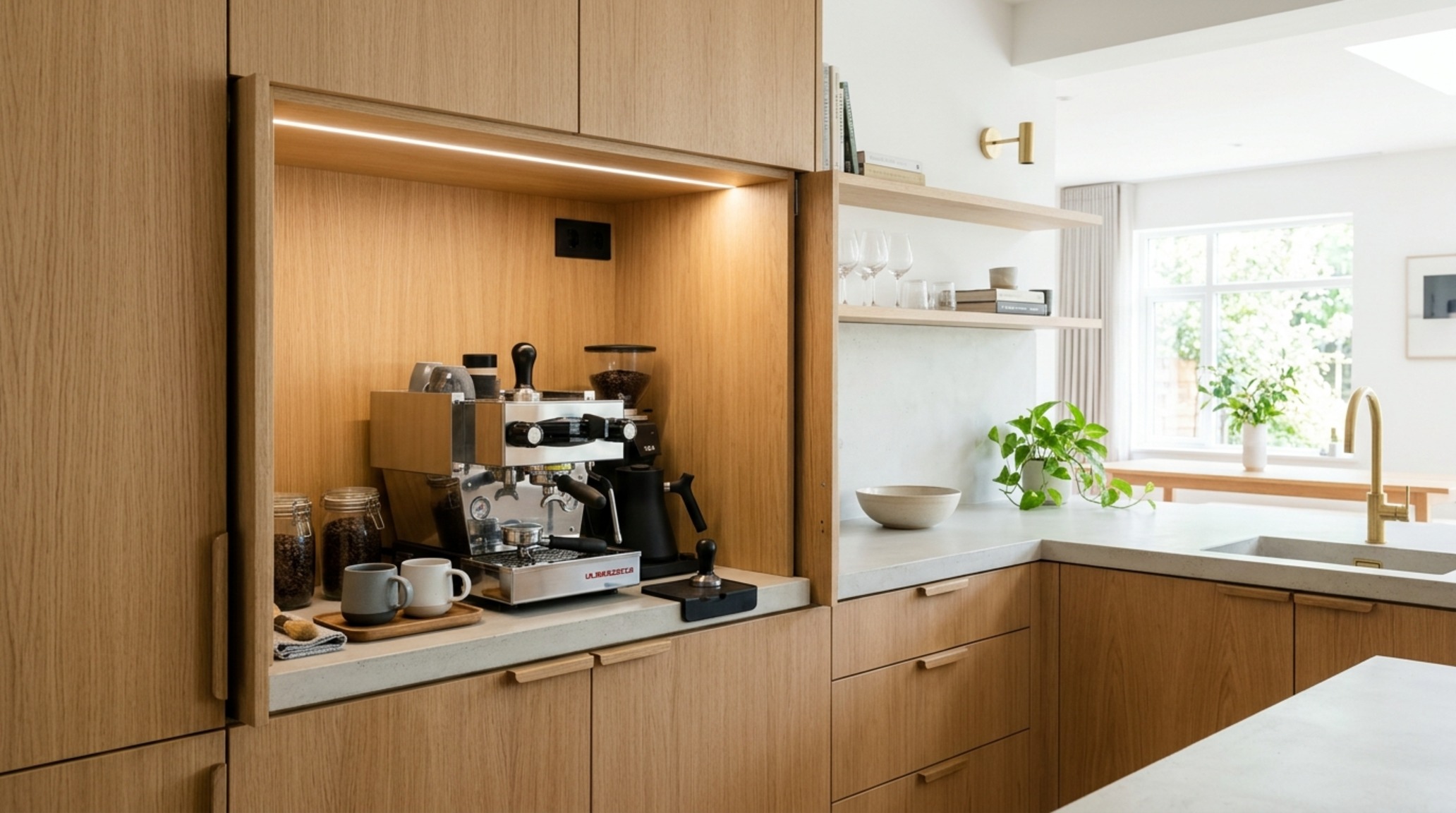 integrated small space appliances tucked into a bespoke appliance garage with disappearing pocket doors