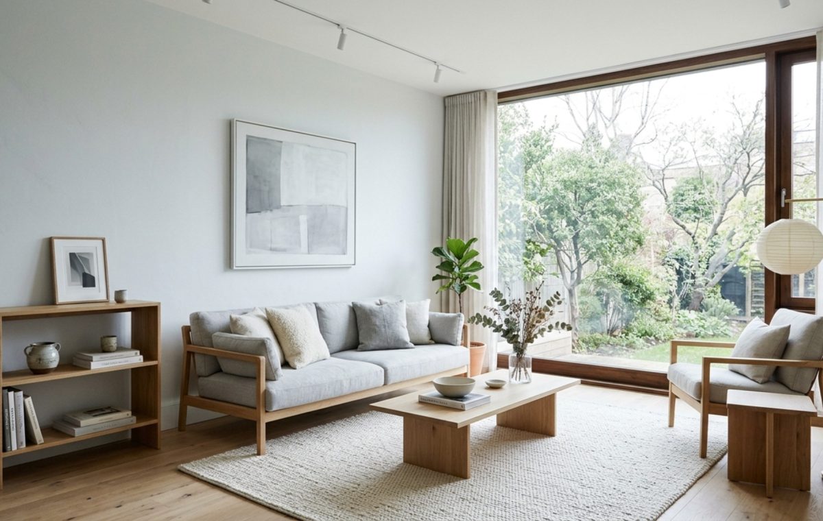 cool colors to paint a room applied to a north-facing living room featuring Benjamin Moore Paper White walls and minimalist white oak shelving