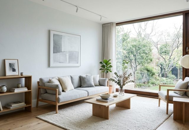 cool colors to paint a room applied to a north-facing living room featuring Benjamin Moore Paper White walls and minimalist white oak shelving