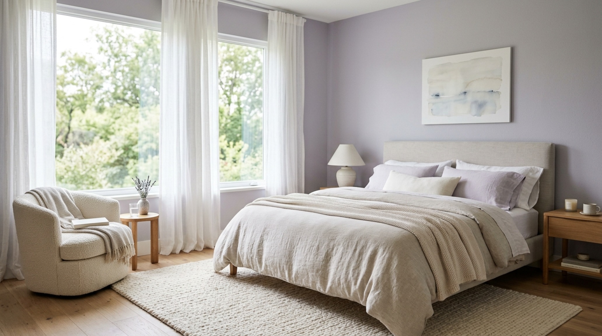 calming paint shades for bedrooms featuring a soft lavender-gray palette with sheer white drapes and a tactile wool area rug calming paint shades for bedrooms featuring a soft lavender-gray palette with sheer white drapes and a tactile wool area rug