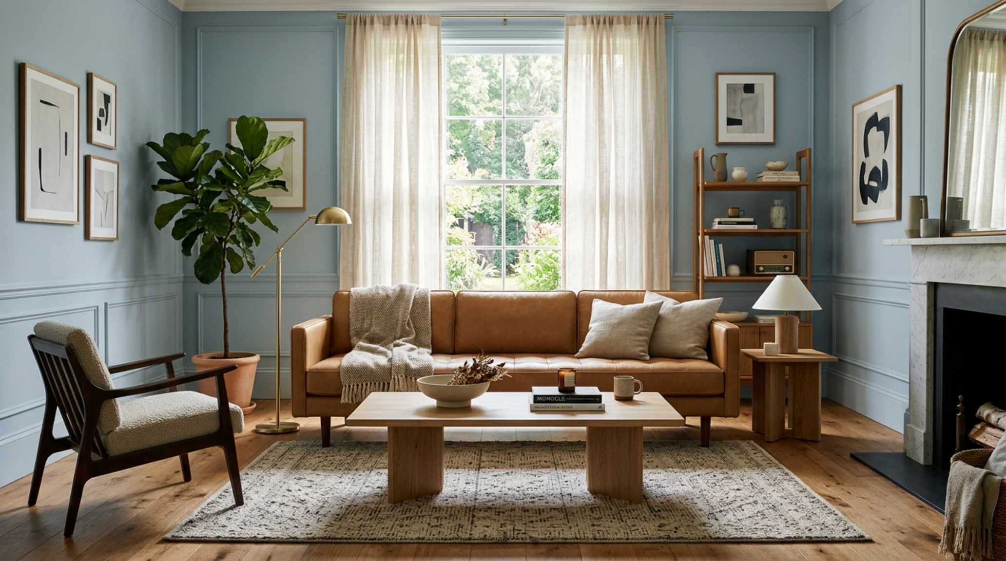 best light blue for living room featuring Farrow & Ball Skylight walls paired with a camel leather sofa and a 18-inch reach coffee table best light blue for living room featuring Farrow & Ball Skylight walls paired with a camel leather sofa and a 18-inch reach coffee table