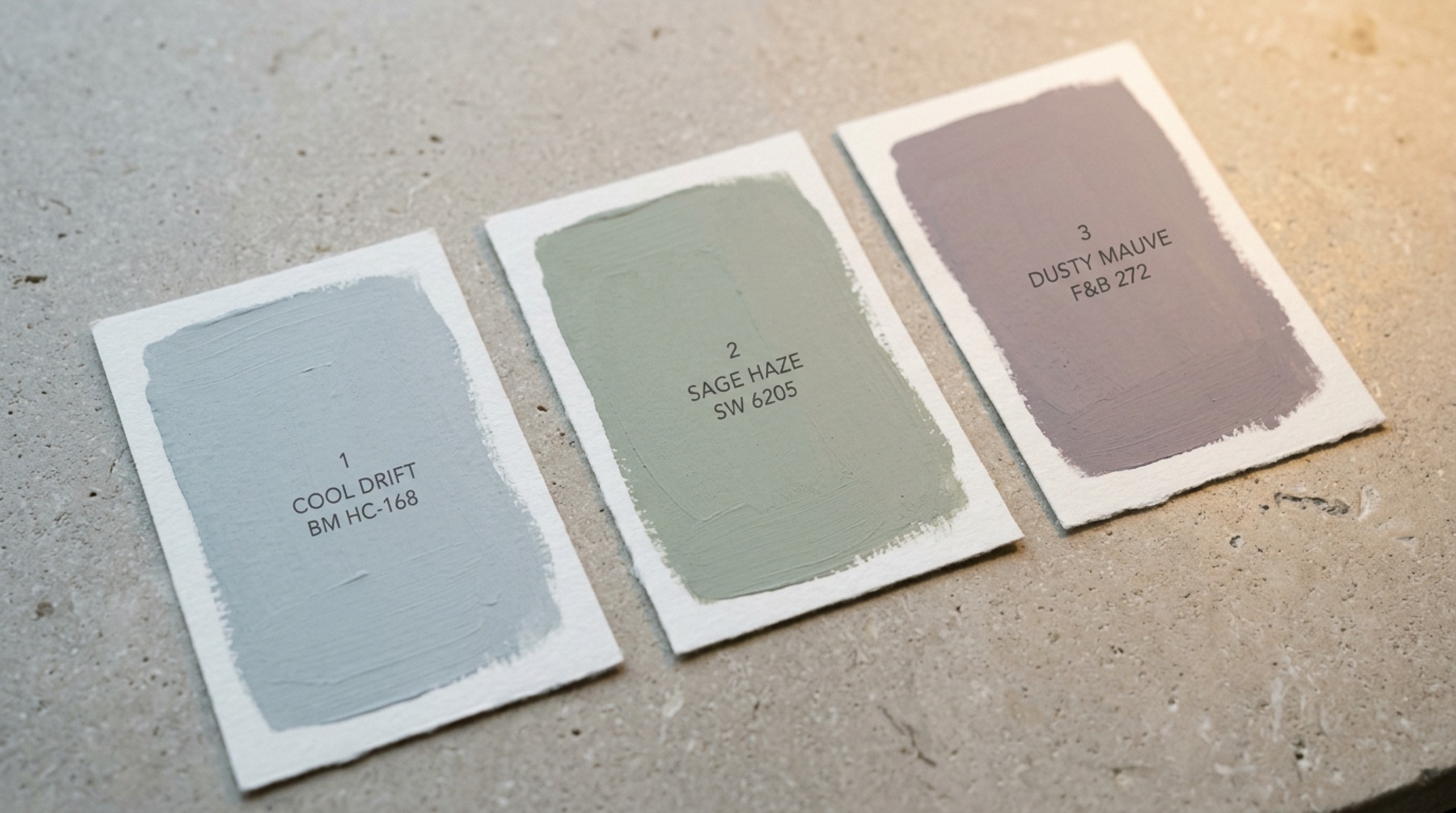 modern cool gray paint swatches displayed on a limestone countertop with 3000K task lighting highlighting the blue and green undertones modern cool gray paint swatches displayed on a limestone countertop with 3000K task lighting highlighting the blue and green undertones