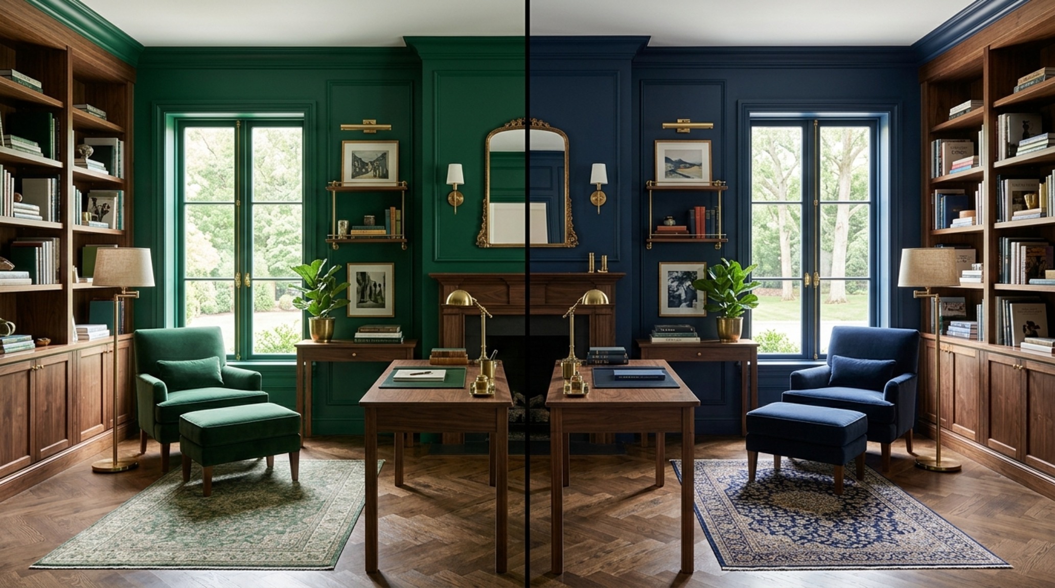 emerald green vs navy blue interior comparison in a modern home office with built-in dark walnut cabinetry and brass hardware emerald green vs navy blue interior comparison in a modern home office with built-in dark walnut cabinetry and brass hardware