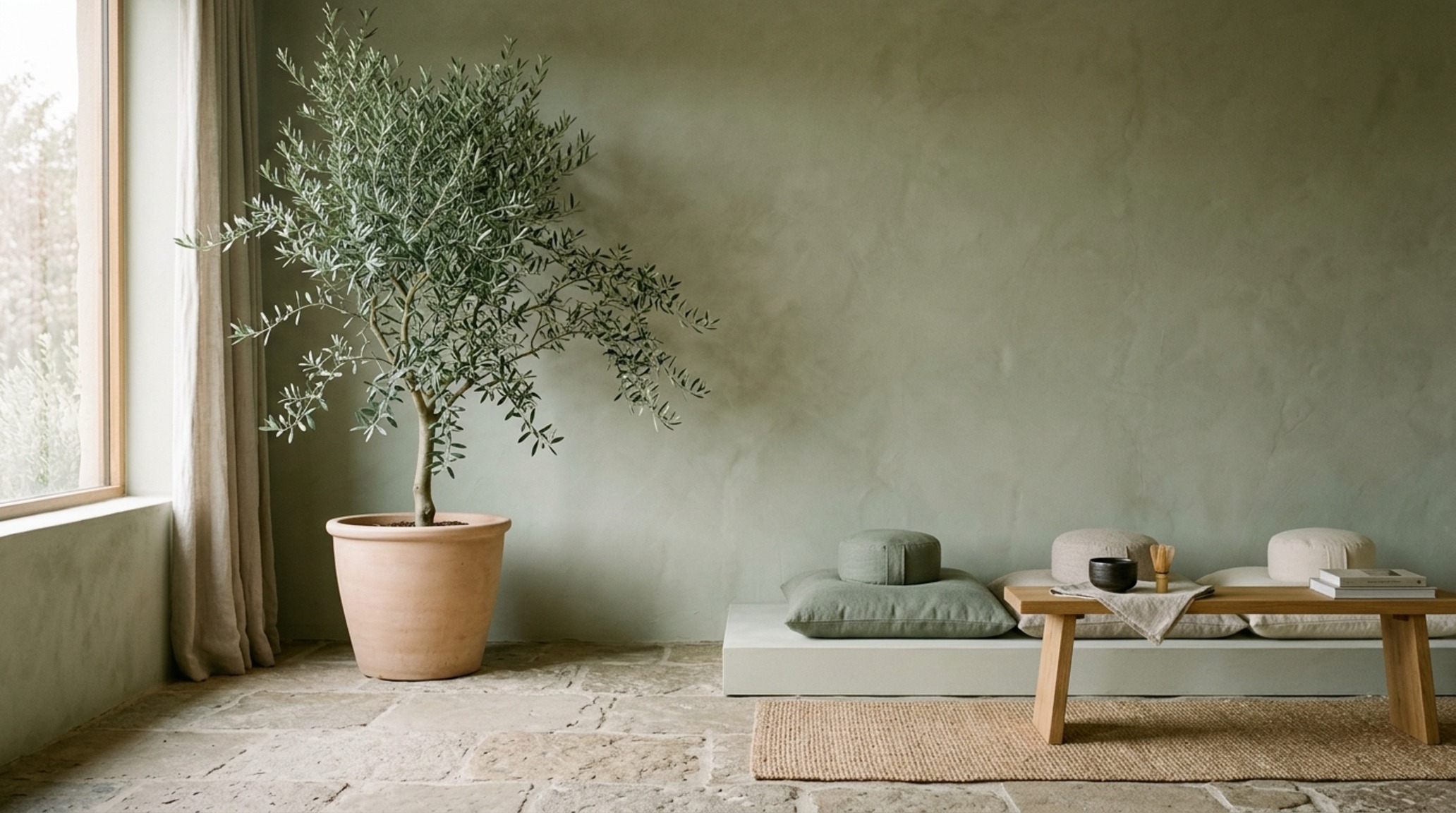 low-cortisol room color schemes using monochromatic sage green gradients and biophilic elements like a large olive tree in a terracotta pot low-cortisol room color schemes using monochromatic sage green gradients and biophilic elements like a large olive tree in a terracotta pot