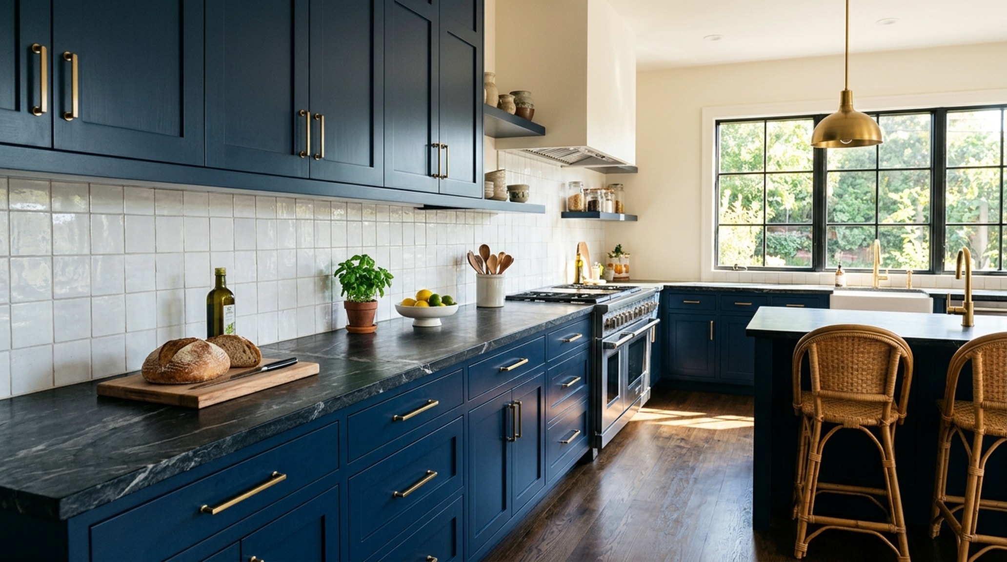cool colors to paint a room seen in a high-contrast kitchen with navy blue lower cabinets and honed soapstone countertops cool colors to paint a room seen in a high-contrast kitchen with navy blue lower cabinets and honed soapstone countertops