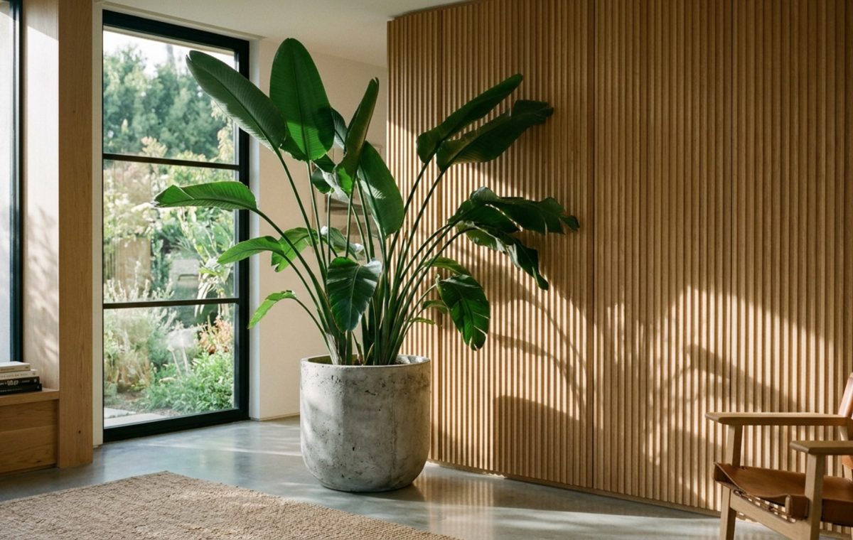 Sculptural houseplant arrangements featuring a massive Bird of Paradise as a focal point in a high-ceilinged living room with fluted oak wall panels.