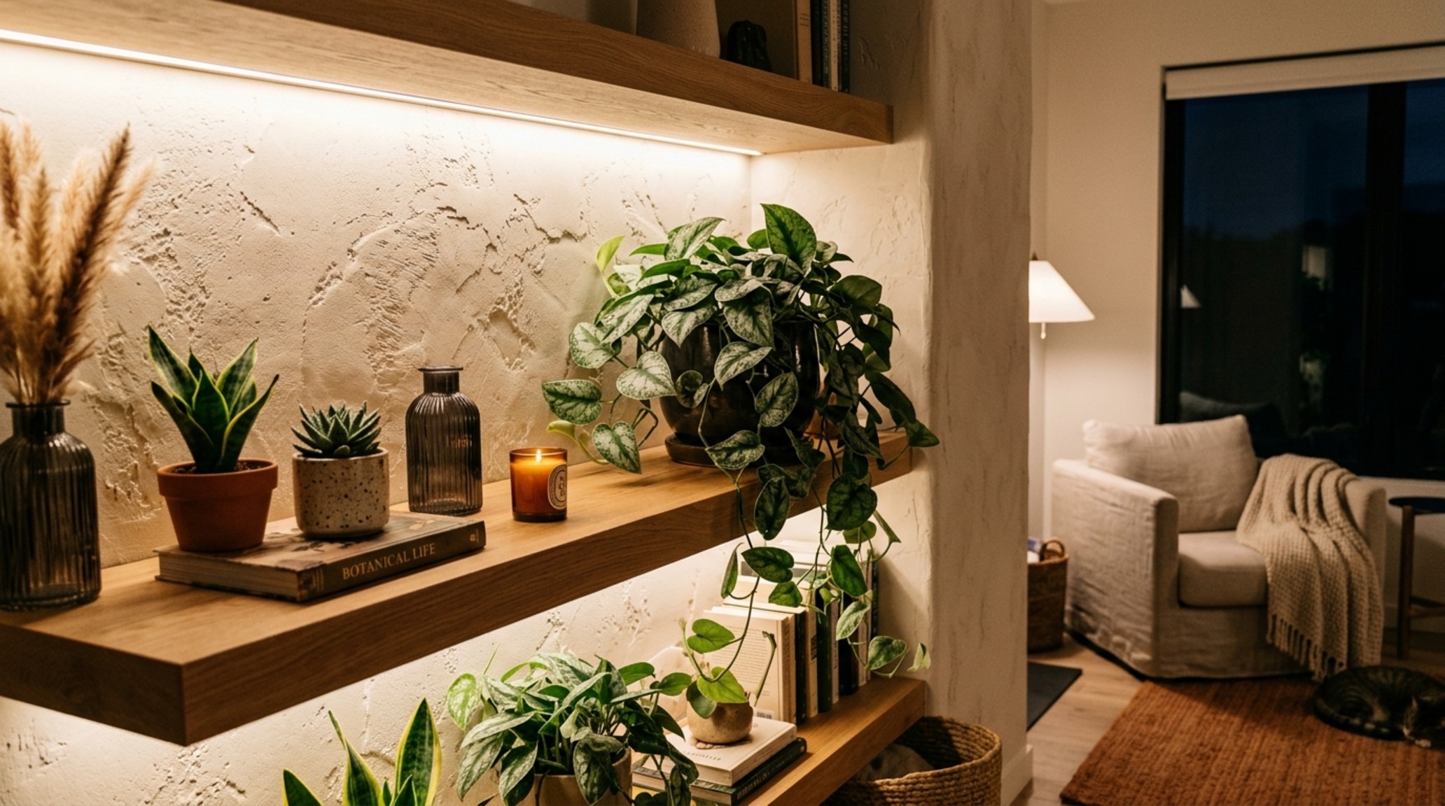 Modern living room plant shelfies showing the use of trailing ivy and LED accent lighting to create depth and shadow play.