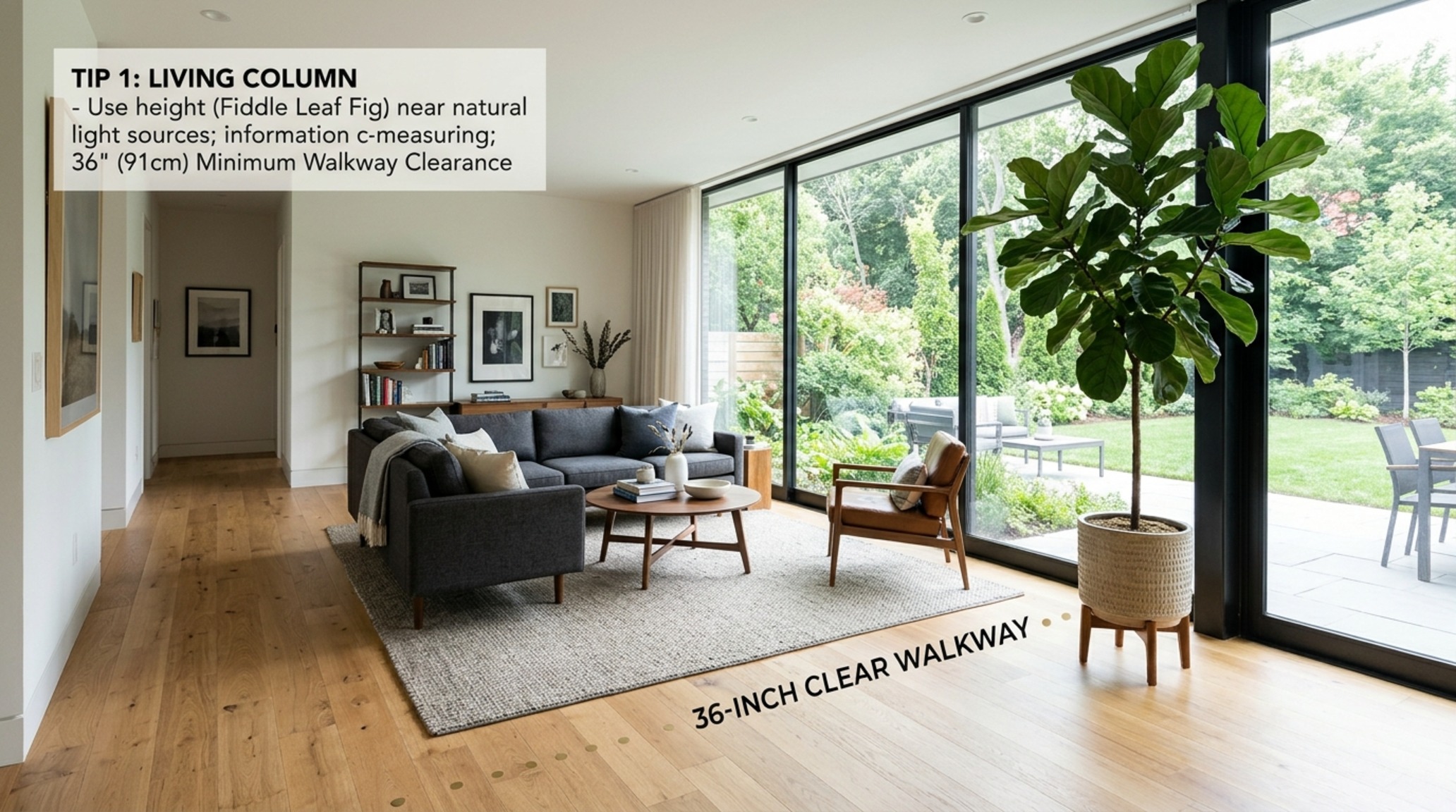 Large floor plant placement tips showing a branched Fiddle Leaf Fig positioned 18 inches from a modular bouclé sofa to define a cozy reading nook.