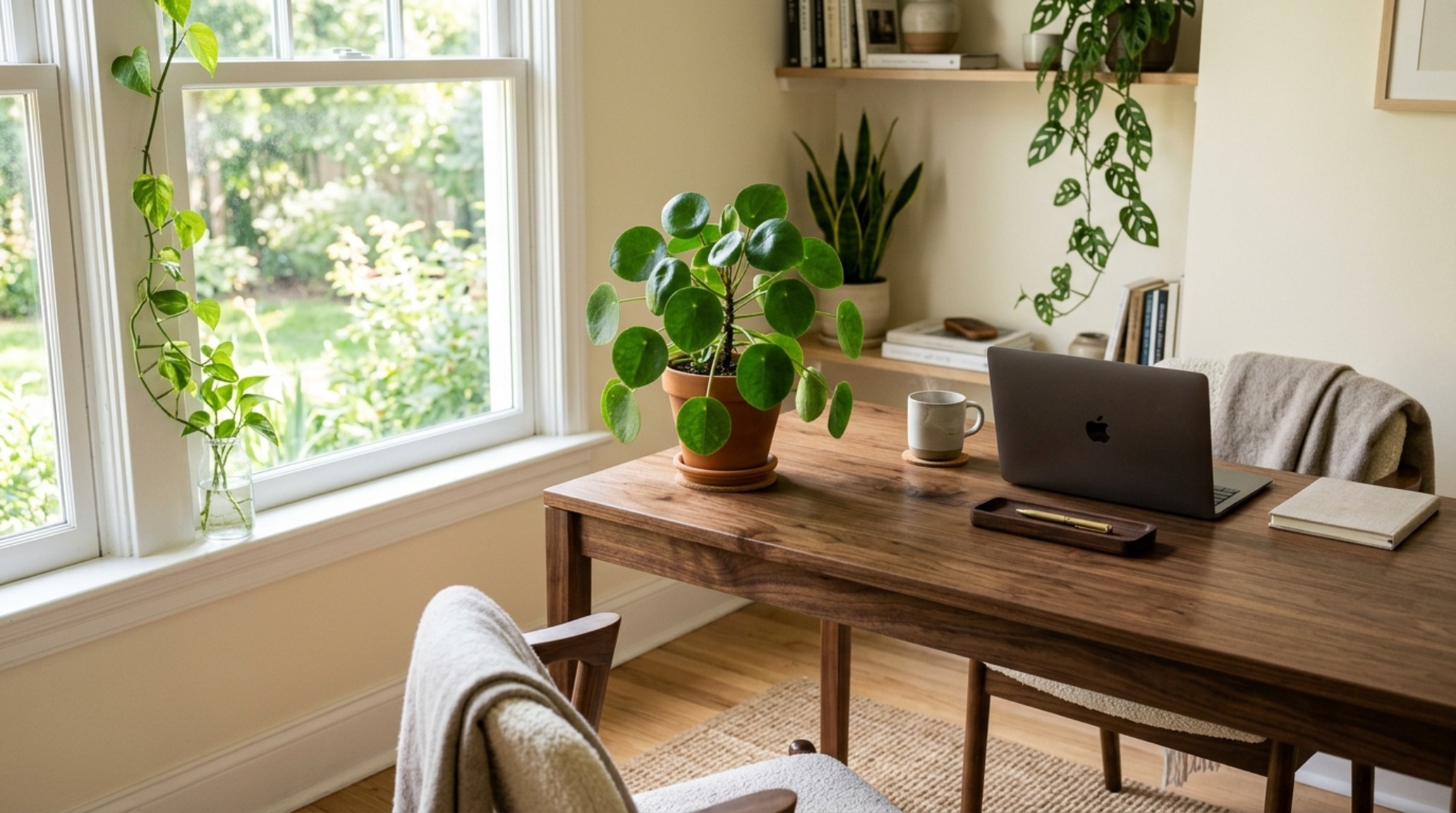 Biophilic home office design with a lush Pothos on a floating shelf and a Monstera by a window, illuminated by 3000K warm task lighting.