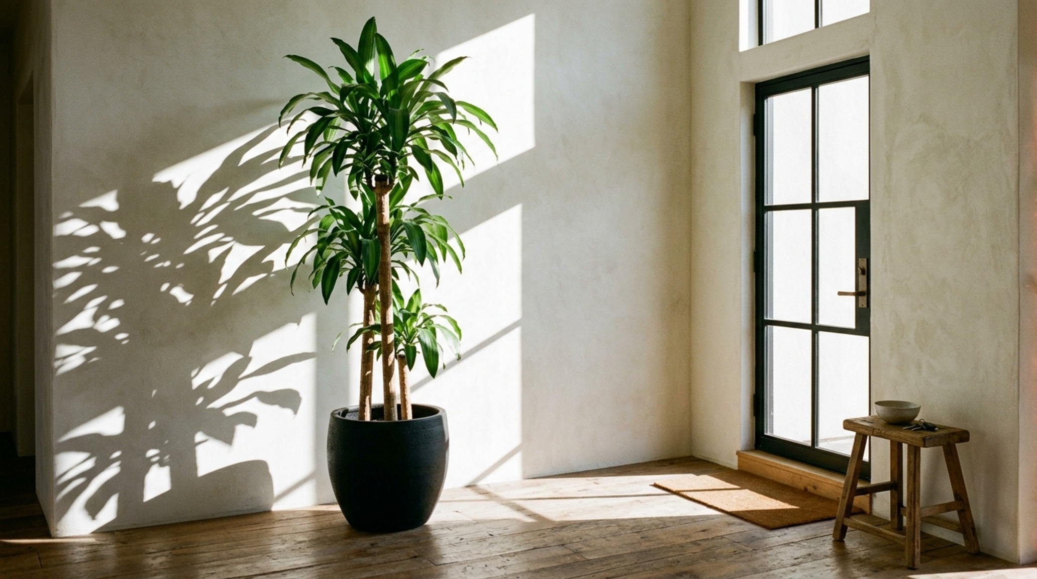 Large floor plant placement tips for a narrow hallway, using a tall Sansevieria in a matte terracotta pot to create a vertical architectural line.