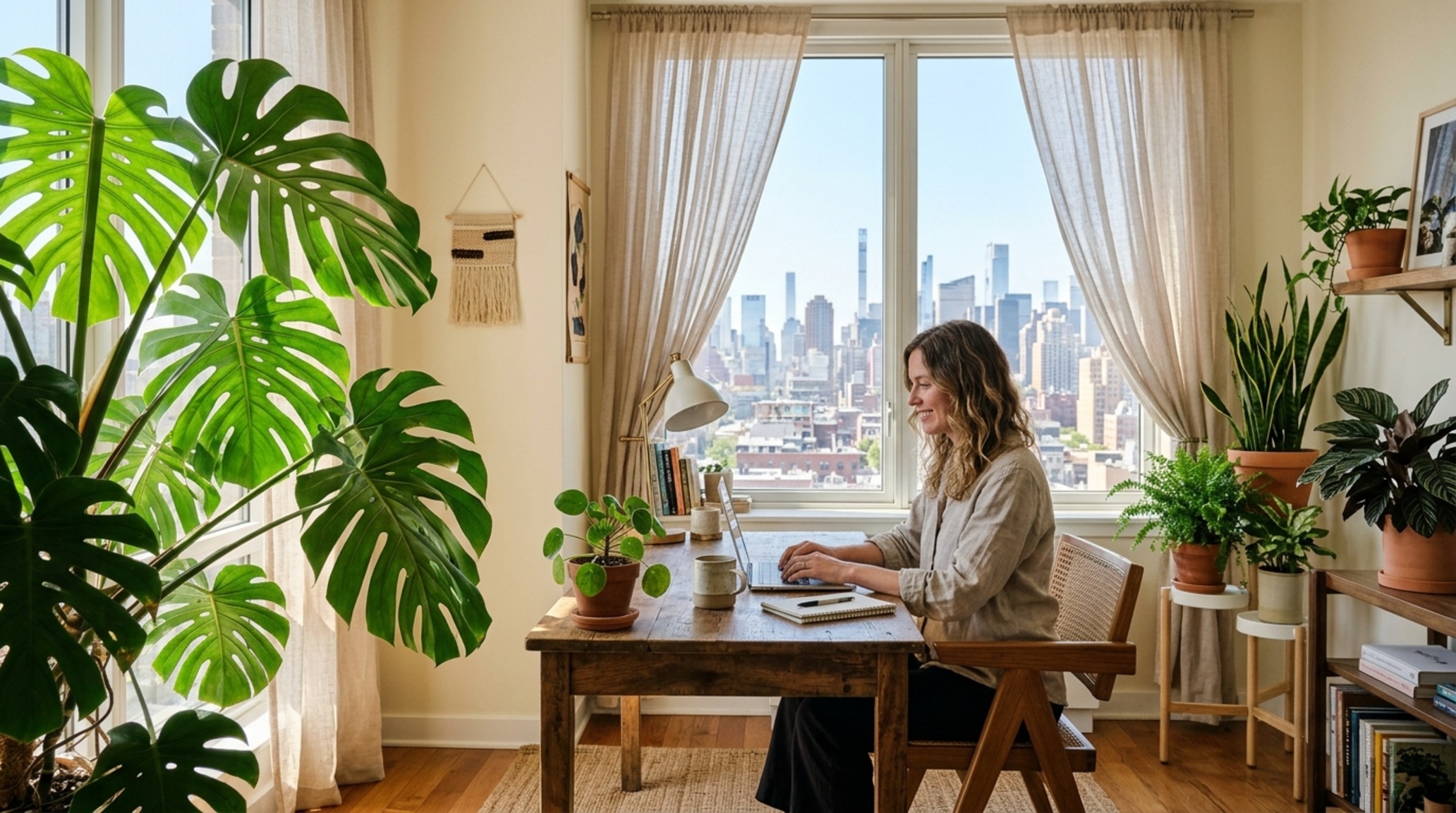 Biophilic home office design with a focus on sightline alignment, featuring a desktop Calathea against a Benjamin Moore Swiss Coffee backdrop.