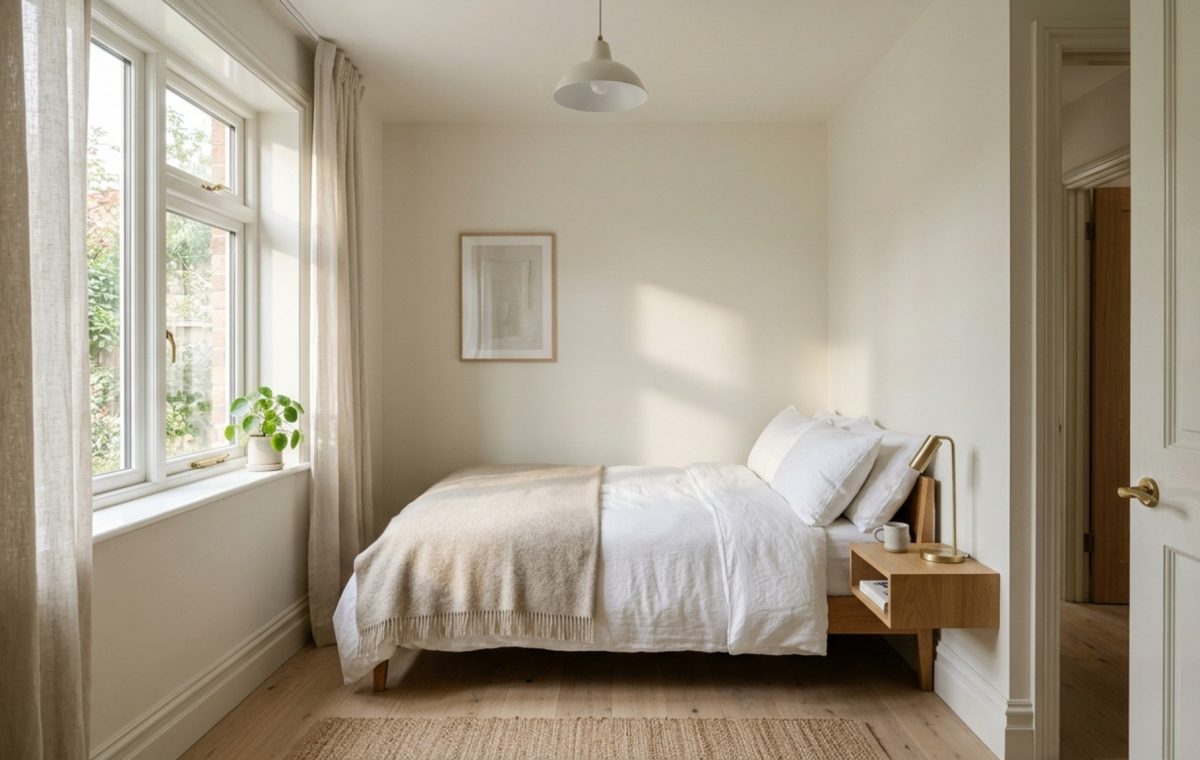 best paint colors for small dark bedrooms featuring Benjamin Moore Swiss Coffee on eggshell walls with high-gloss white trim and a bleached oak floor.