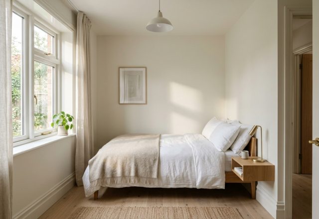 best paint colors for small dark bedrooms featuring Benjamin Moore Swiss Coffee on eggshell walls with high-gloss white trim and a bleached oak floor.