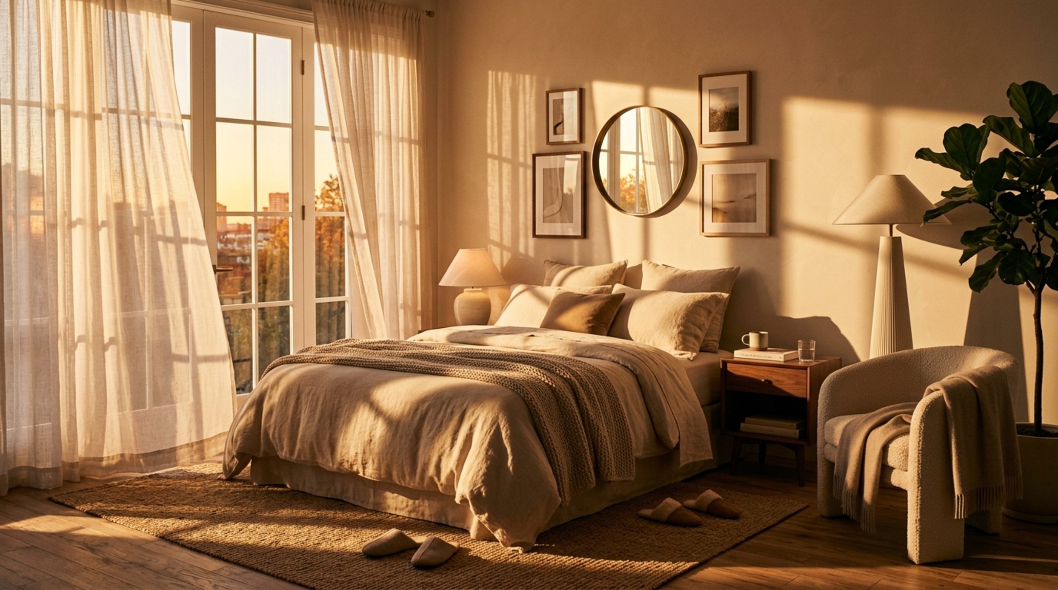 sun-drenched bedroom aesthetic with 2700K warm ambient lighting complementing the natural golden hour glow through southern-facing windows. sun-drenched bedroom aesthetic with 2700K warm ambient lighting complementing the natural golden hour glow through southern-facing windows.