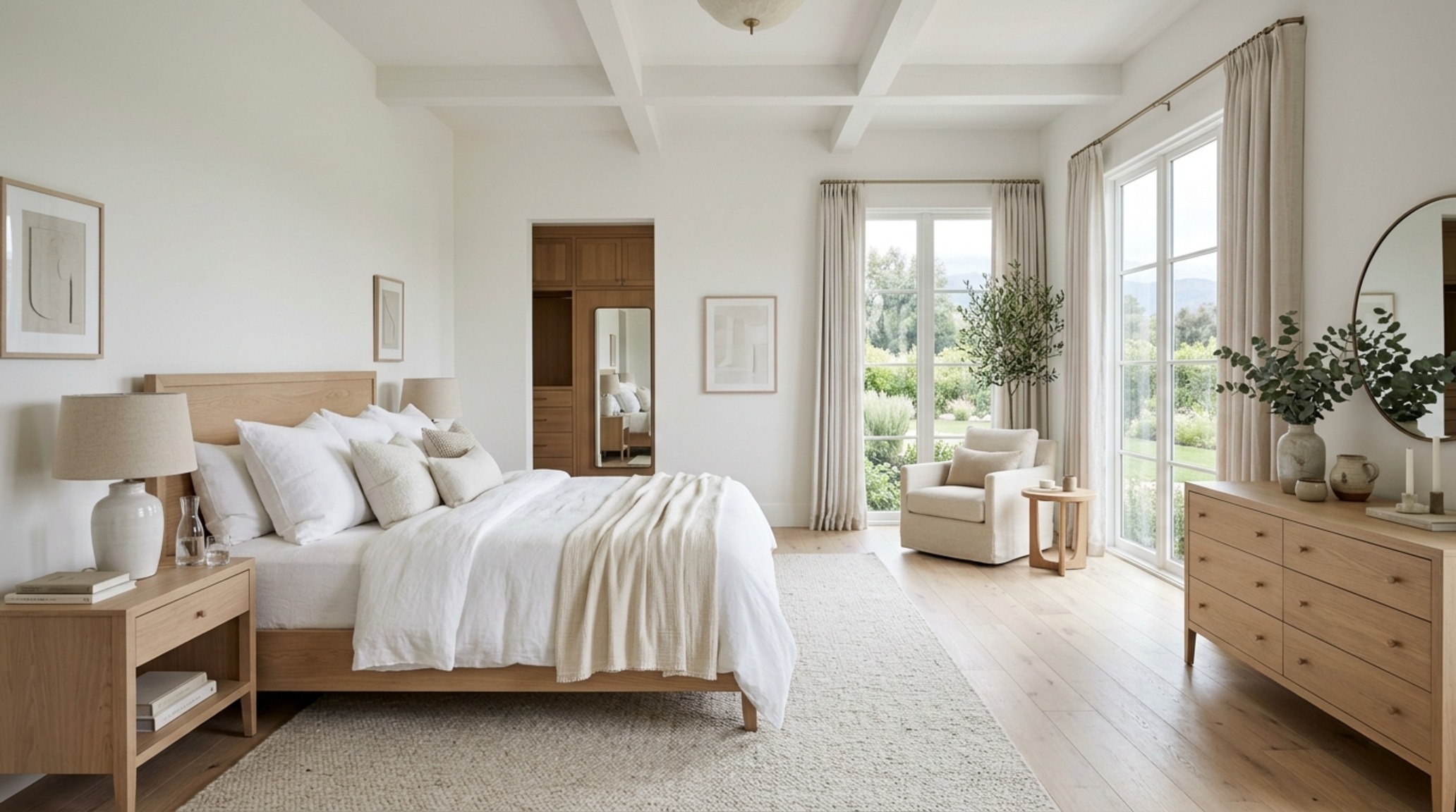 light and airy master bedroom decor with tiered linen bedding, a large ivory wool rug, and soft natural light filtering through sheer drapes. light and airy master bedroom decor with tiered linen bedding, a large ivory wool rug, and soft natural light filtering through sheer drapes.