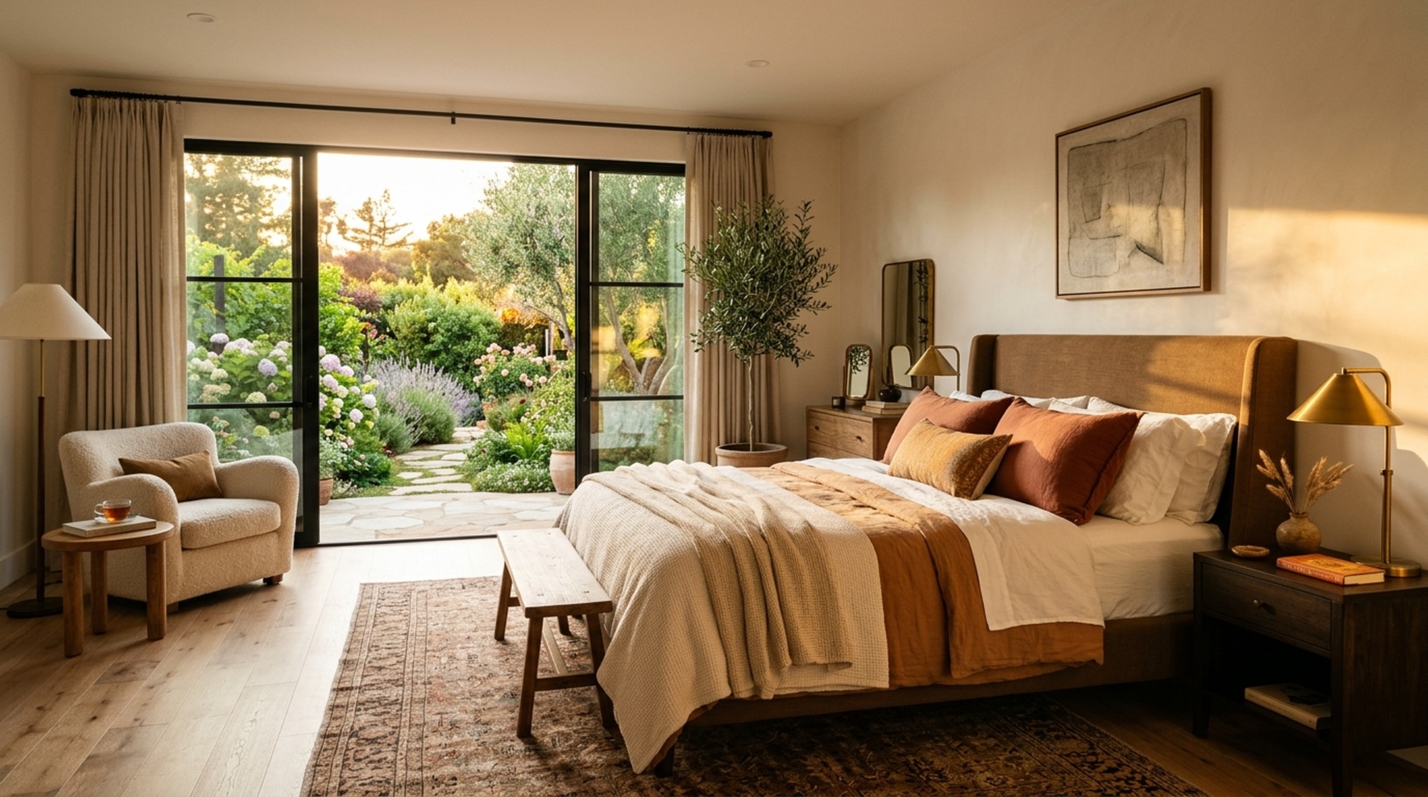 sun-drenched bedroom aesthetic with floor-to-ceiling windows, mid-century modern furniture, and warm terracotta accents catching the afternoon sun. sun-drenched bedroom aesthetic with floor-to-ceiling windows, mid-century modern furniture, and warm terracotta accents catching the afternoon sun.