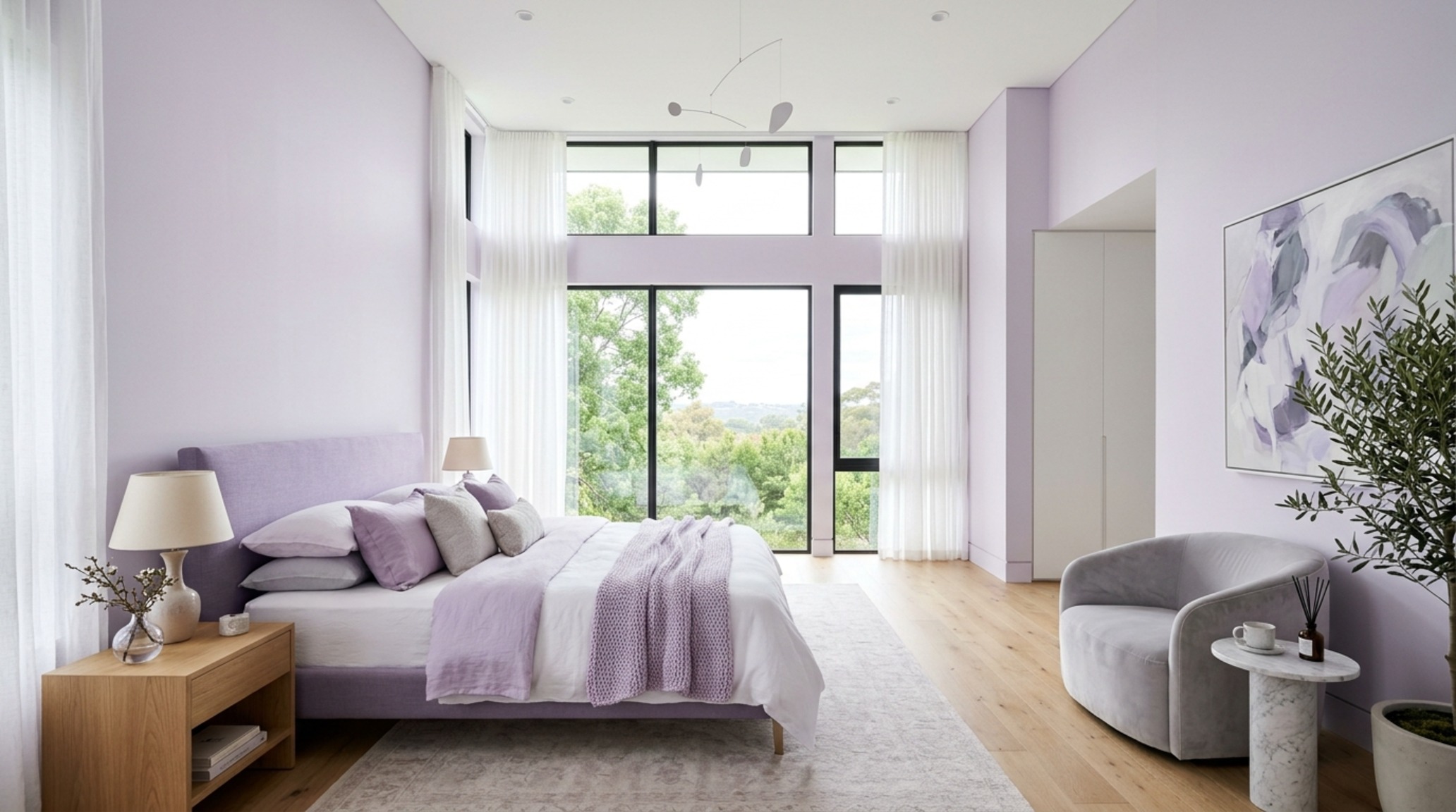 modern airy bedroom palettes featuring a whisper-thin lavender wall color that recedes to create the illusion of a larger vertical plane. modern airy bedroom palettes featuring a whisper-thin lavender wall color that recedes to create the illusion of a larger vertical plane.