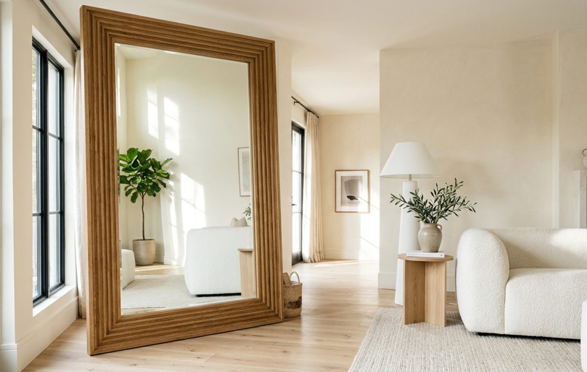 oversized floor mirror styling tips featuring a 7-foot fluted white oak frame leaning against a wall in Benjamin Moore Swiss Coffee with 36-inch walkway clearance