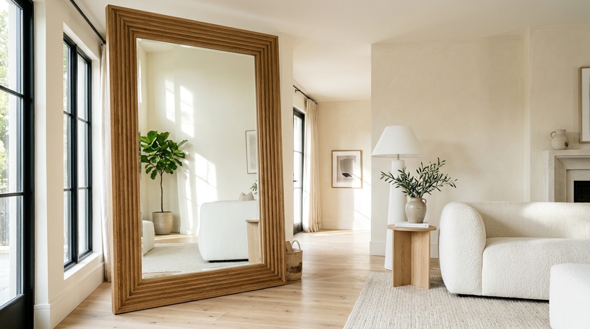 oversized floor mirror styling tips featuring a 7-foot fluted white oak frame leaning against a wall in Benjamin Moore Swiss Coffee with 36-inch walkway clearance oversized floor mirror styling tips featuring a 7-foot fluted white oak frame leaning against a wall in Benjamin Moore Swiss Coffee with 36-inch walkway clearance