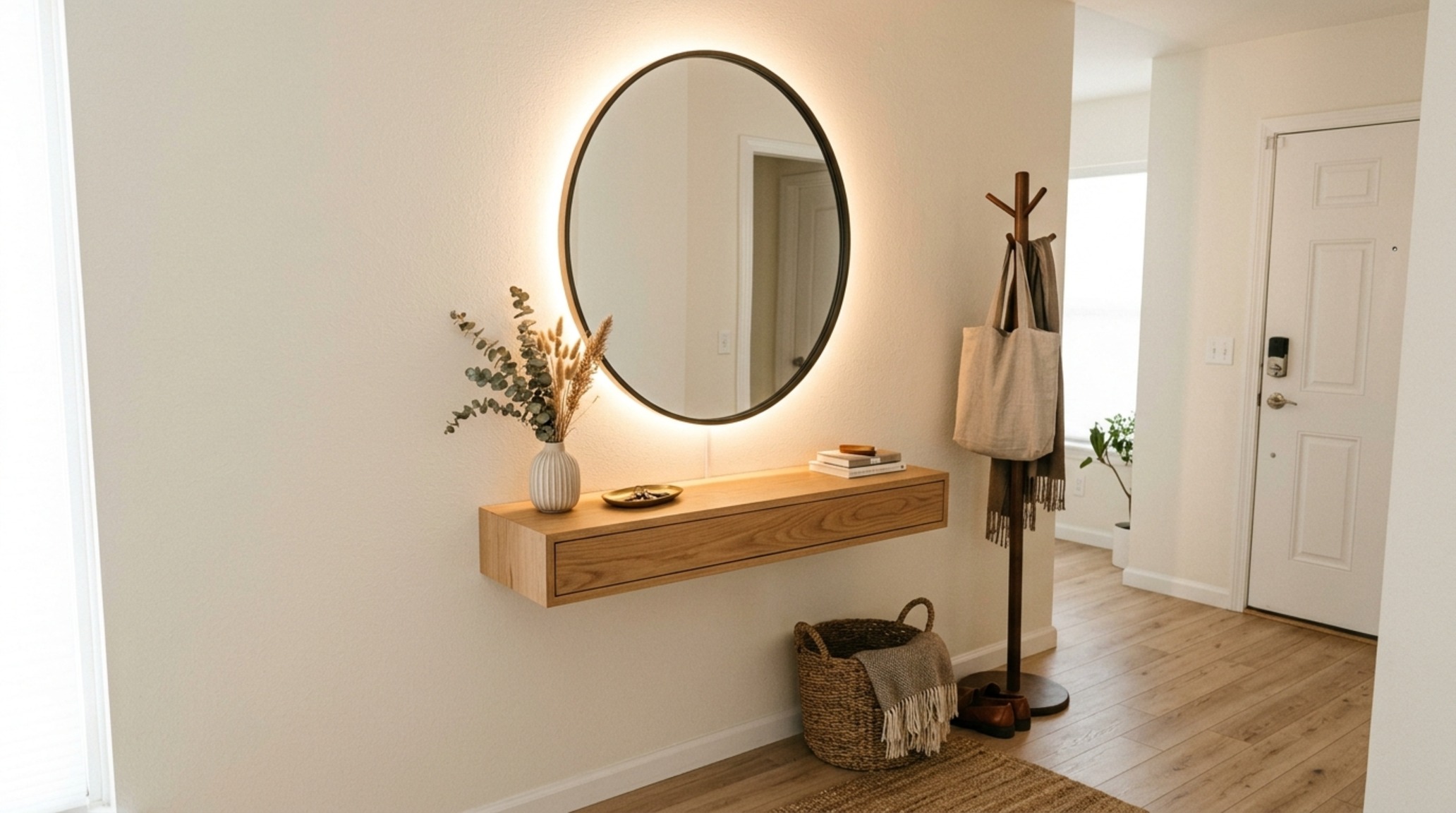 mirror decor for small entryways using a back-lit round mirror to provide soft 2700K ambient light and a sense of depth in a compact foyer mirror decor for small entryways using a back-lit round mirror to provide soft 2700K ambient light and a sense of depth in a compact foyer