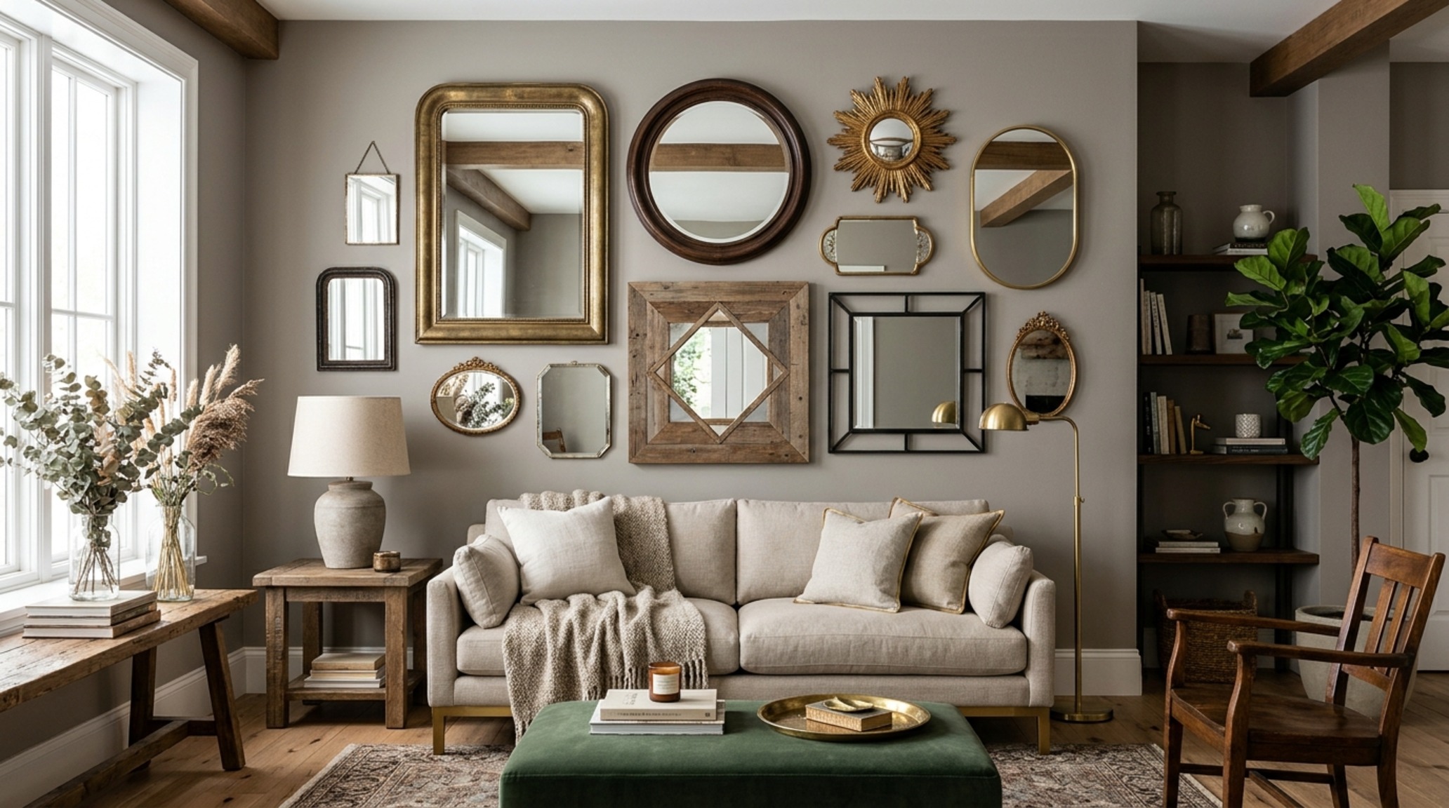 how to decorate with mirrors in living room by layering a small vintage gold-rimmed mirror over a larger modern slab for a multi-generational design narrative how to decorate with mirrors in living room by layering a small vintage gold-rimmed mirror over a larger modern slab for a multi-generational design narrative