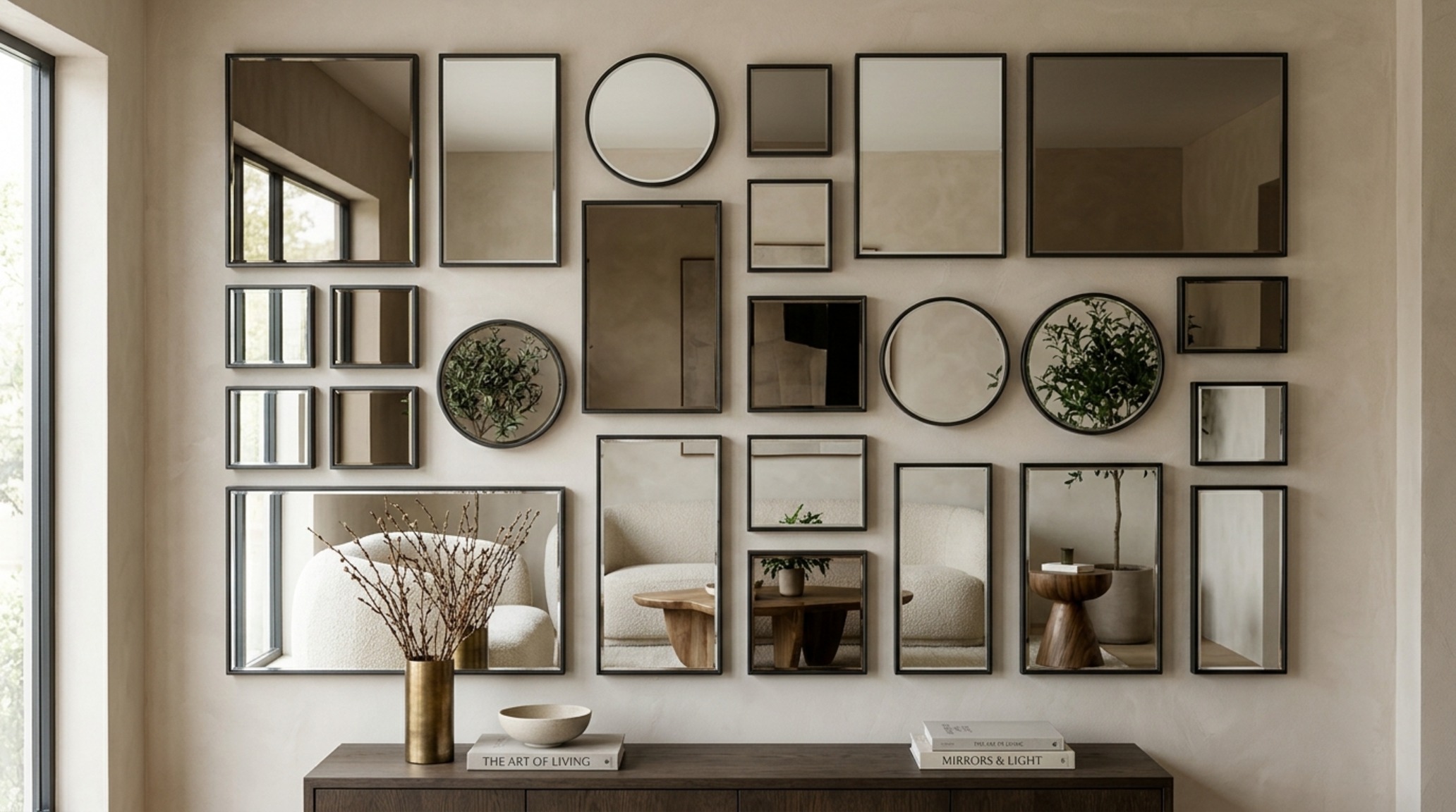 modern mirror gallery wall layouts showcasing a rhythmic grouping of smoked bronze and clear silver mirrors with consistent 3-inch spacing and varying frame depths modern mirror gallery wall layouts showcasing a rhythmic grouping of smoked bronze and clear silver mirrors with consistent 3-inch spacing and varying frame depths