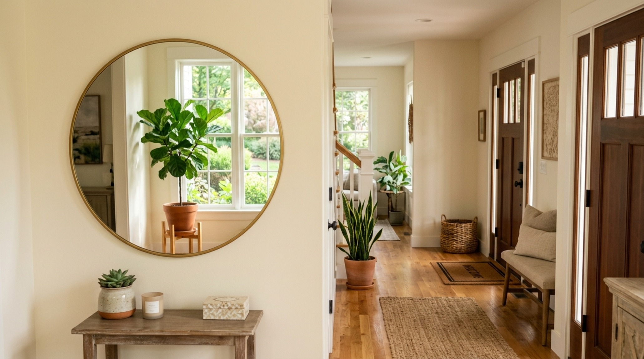 feng shui mirror placement for energy showing a circular mirror reflecting a lush indoor olive tree and natural light to enhance positive Qi flow feng shui mirror placement for energy showing a circular mirror reflecting a lush indoor olive tree and natural light to enhance positive Qi flow
