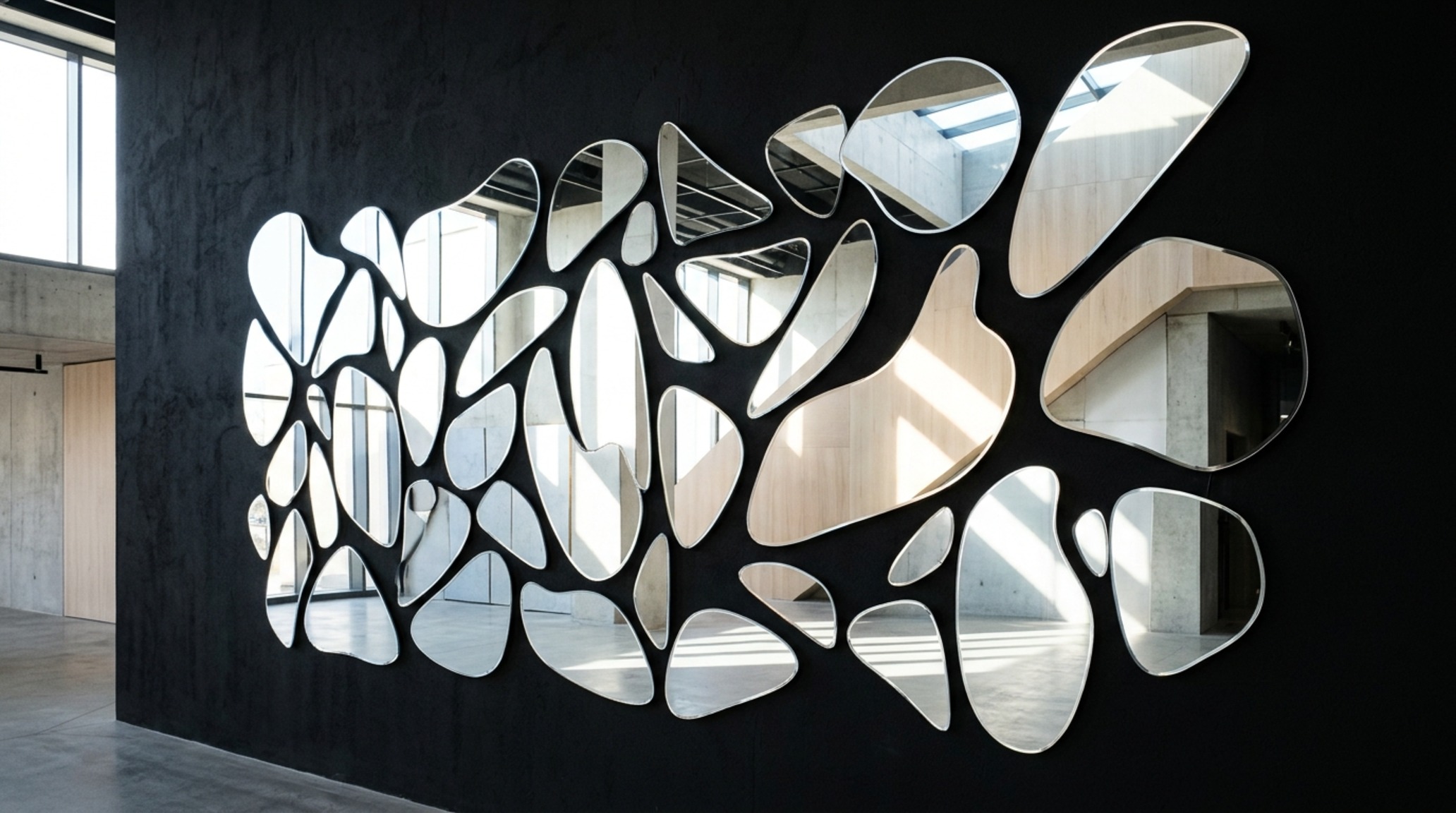 modern mirror gallery wall layouts using organic-shaped frameless mirrors to create a fluid light-palette on a matte charcoal accent wall modern mirror gallery wall layouts using organic-shaped frameless mirrors to create a fluid light-palette on a matte charcoal accent wall