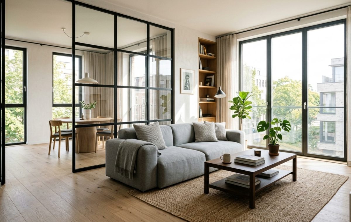 Sophisticated living area featuring a thin-profile black metal and glass partition, illustrating the best house apartment march 2017 decor ideas for zoned urban living.