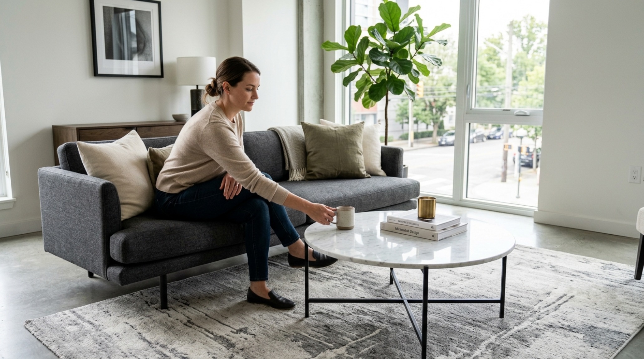 Strategic use of negative space in a modern apartment layout, featuring a low-slung modular sofa and 18-inch coffee table reach.