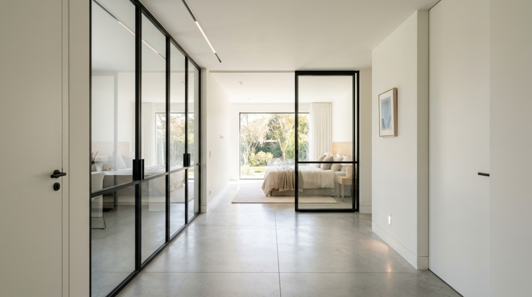 Internal glass doors with black frames used as a room divider to maintain natural light flow in a compact urban apartment.