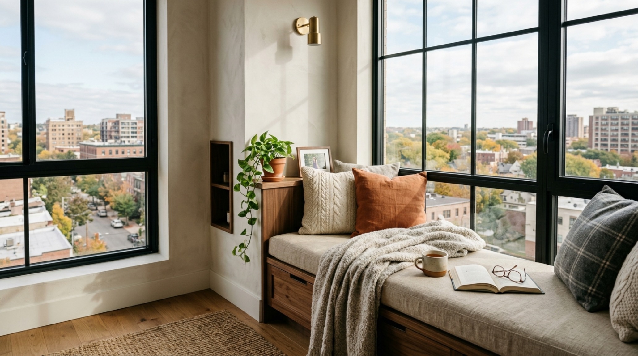 Sun-drenched reading nook with built-in window seating and limewash walls, showcasing aesthetic best house apartment march 2017 interior details.