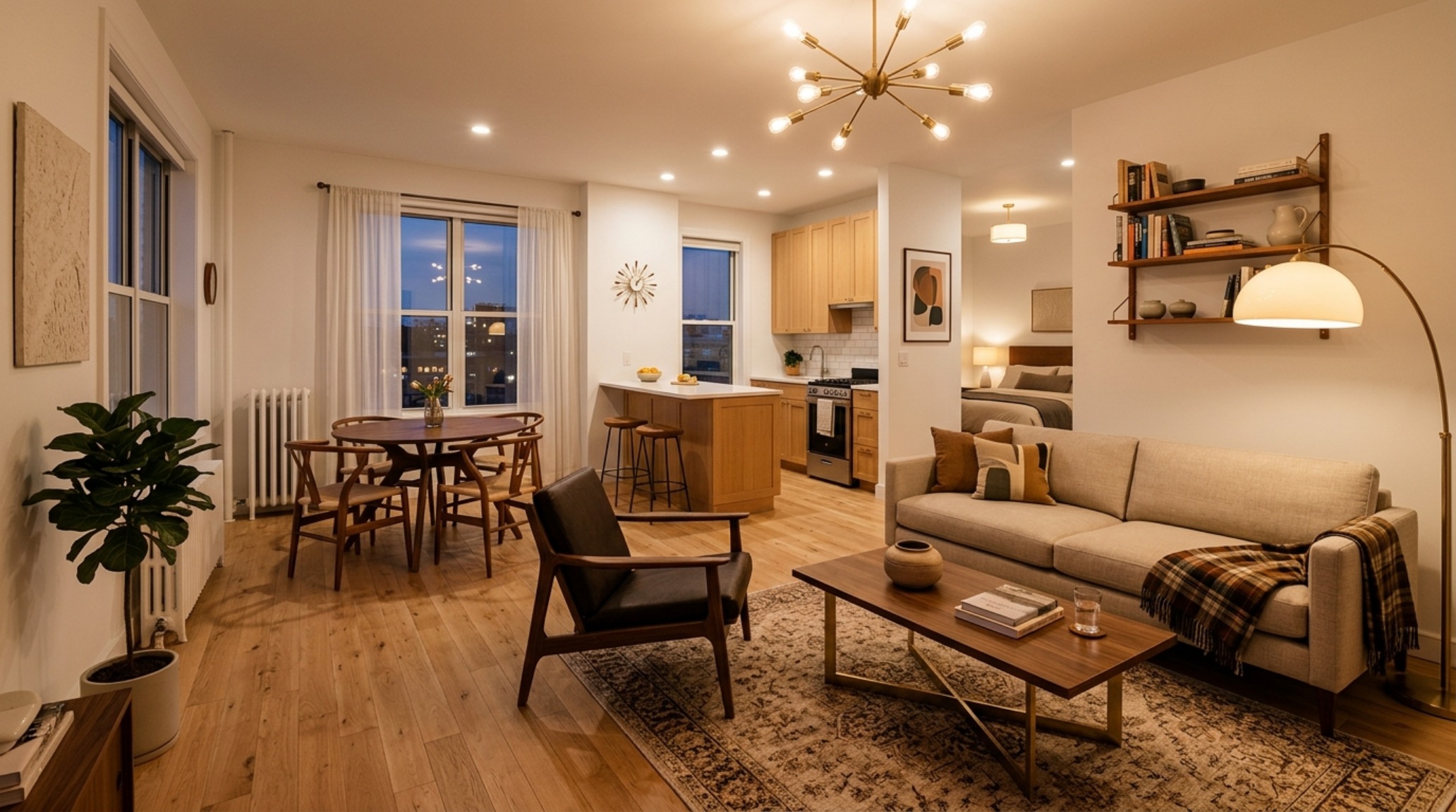 A wide-angle shot of a cozy best house apartment march 2017 layout with 36-inch architectural clearances and light oak flooring.