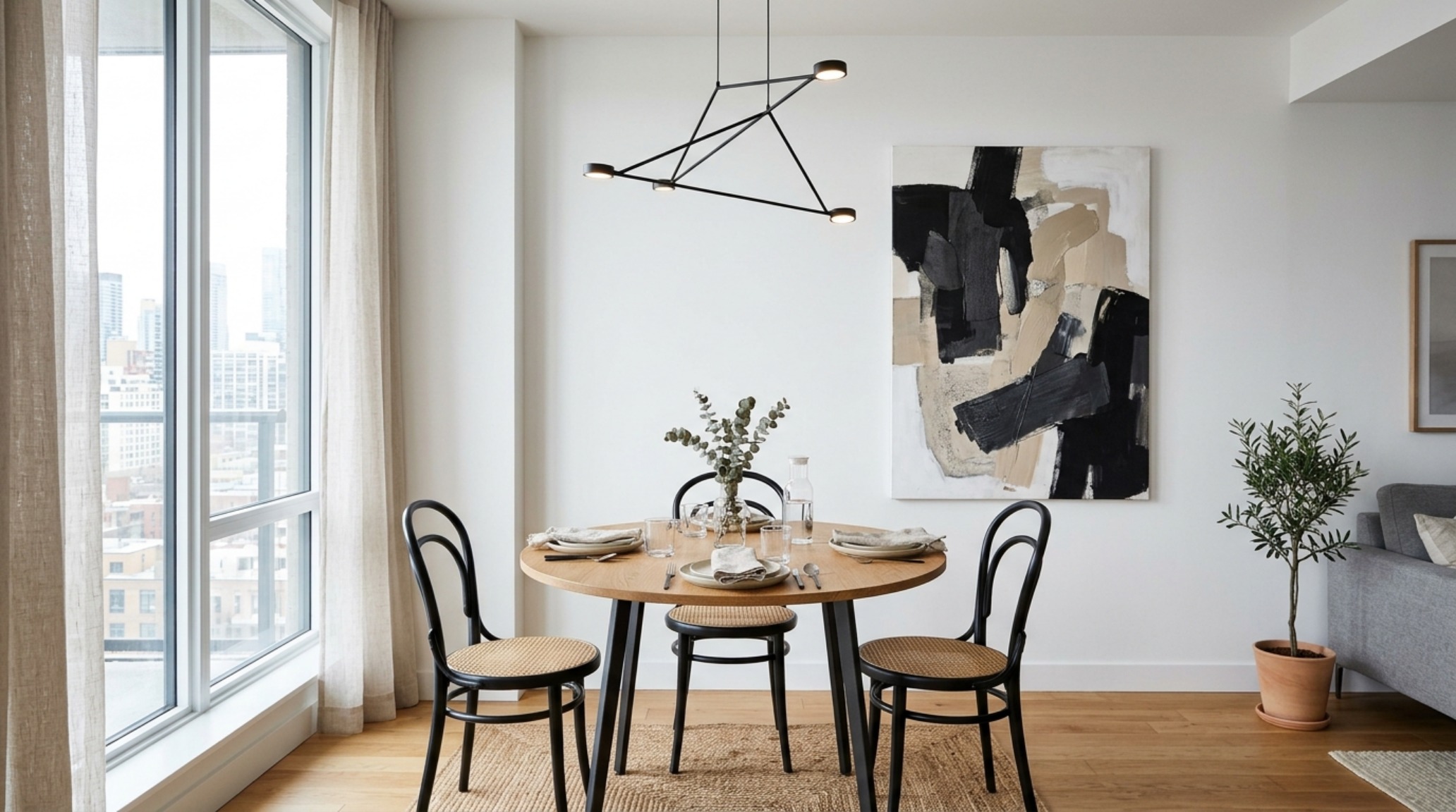 Architectural view of a small apartment dining area with a 30-inch chair clearance and minimalist pendant lighting.