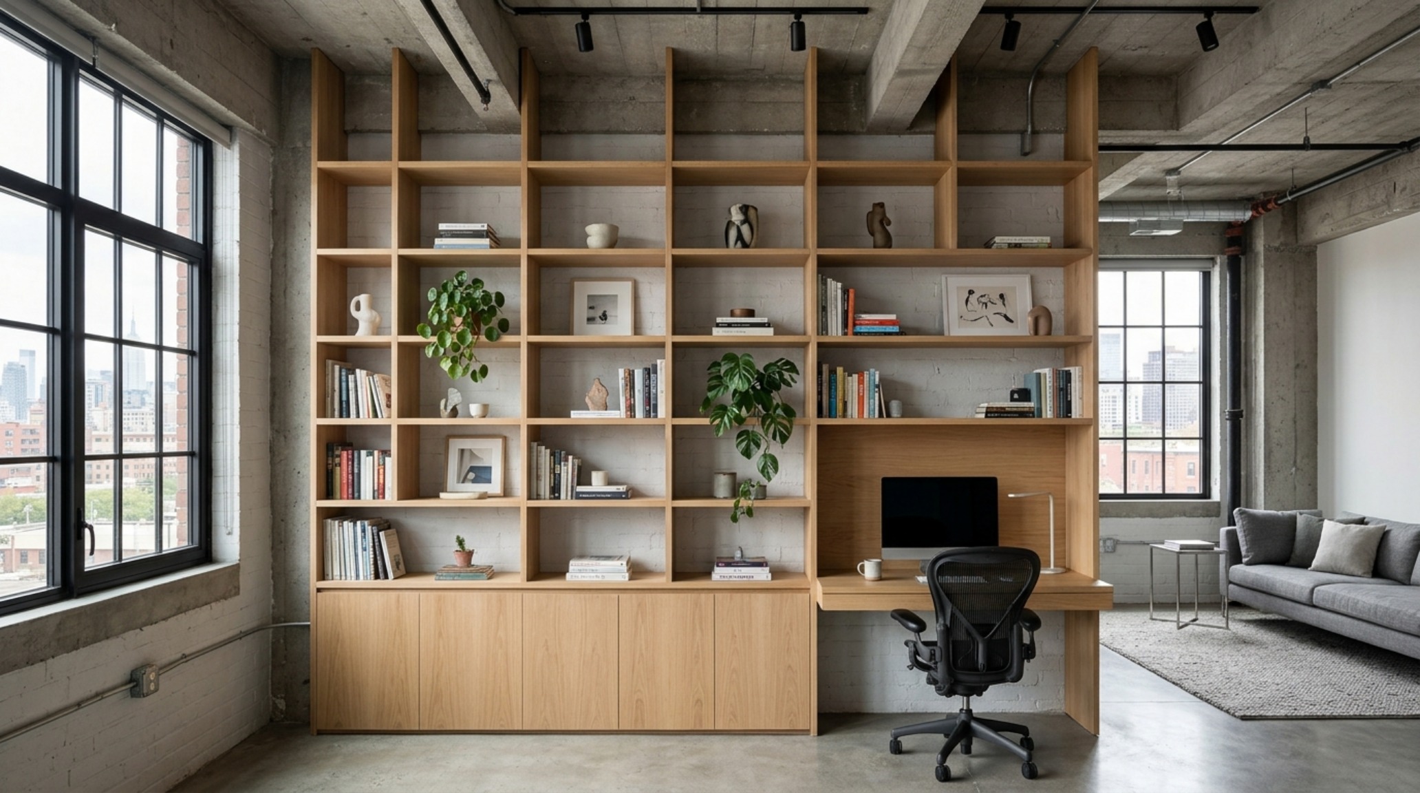 Floor-to-ceiling space-saving shelving unit in a modern loft, demonstrating efficient 2017 home decor trends for storage.
