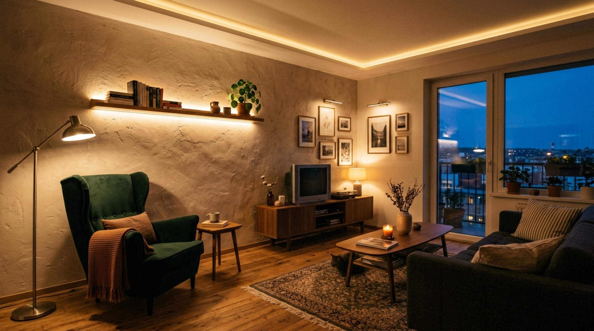 Detail of 2700K warm ambient lighting illuminating a textured plaster wall in a contemporary living space.