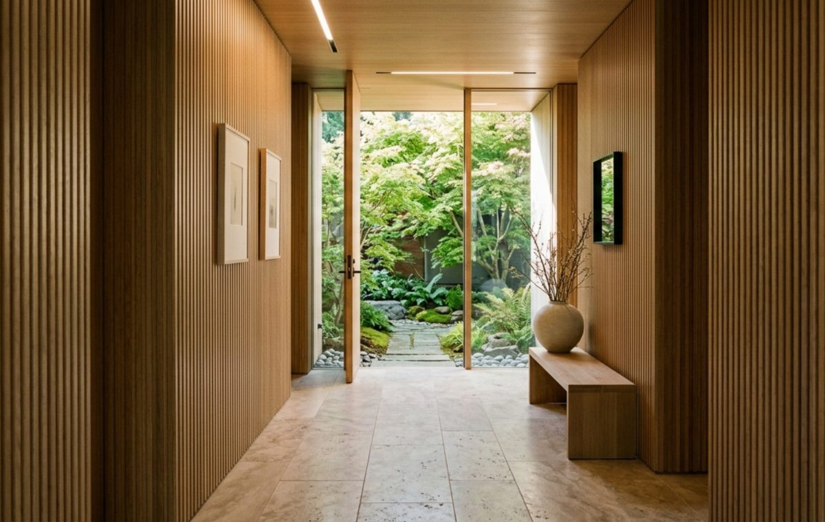 spatial planning for interiors featuring a minimal foyer with a 48-inch wide gallery hallway, fluted white oak paneling, and a direct sightline to a sun-drenched courtyard