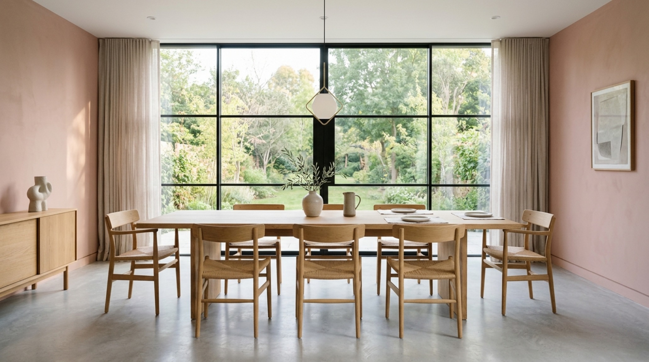 DIY home layout strategies emphasizing the use of negative space in a minimalist dining room with a 30-inch chair pull-out clearance