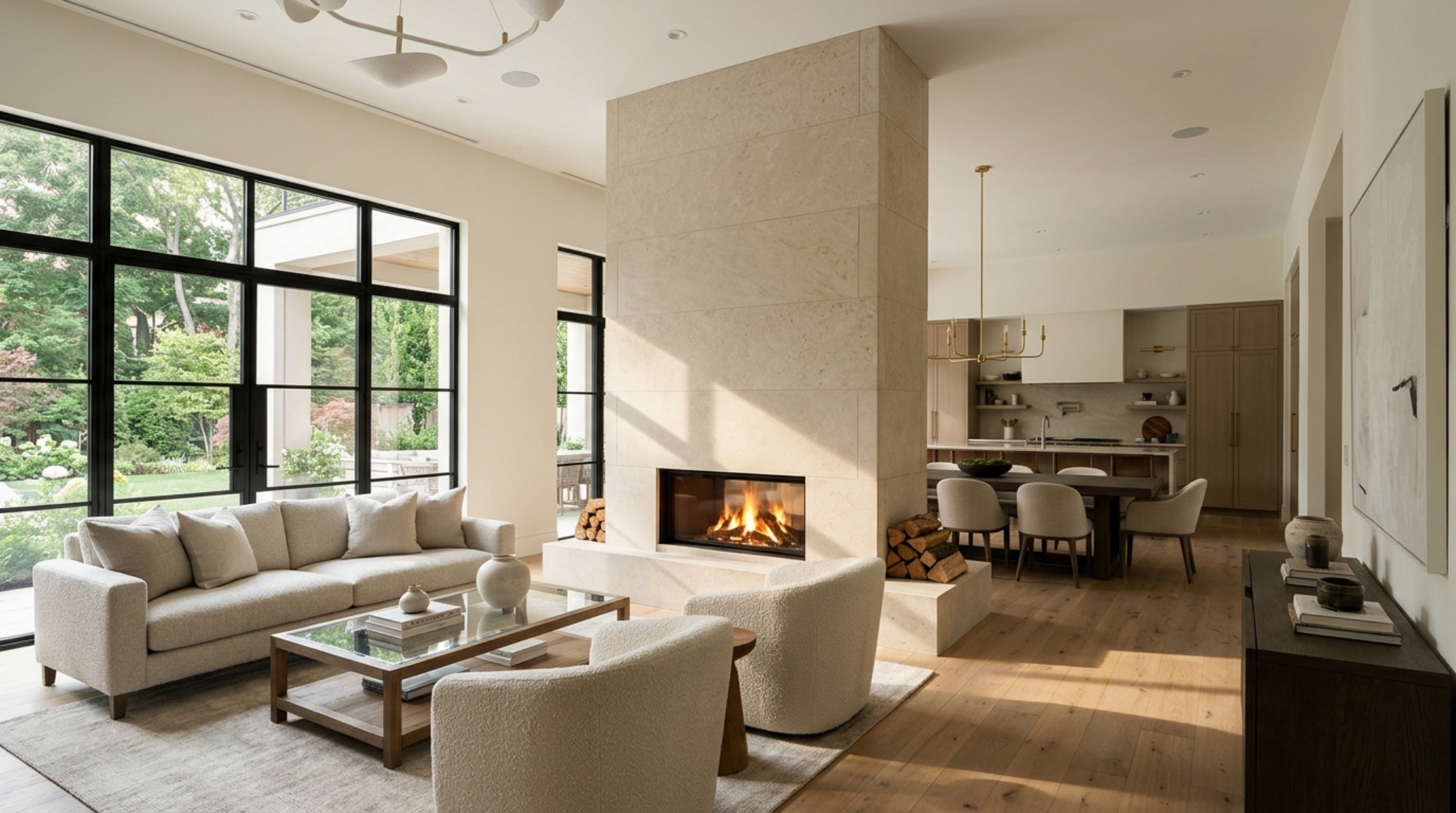 residential structural flow demonstrated in an open-concept living area with a double-sided limestone fireplace and 12-foot ceilings for optimal volume