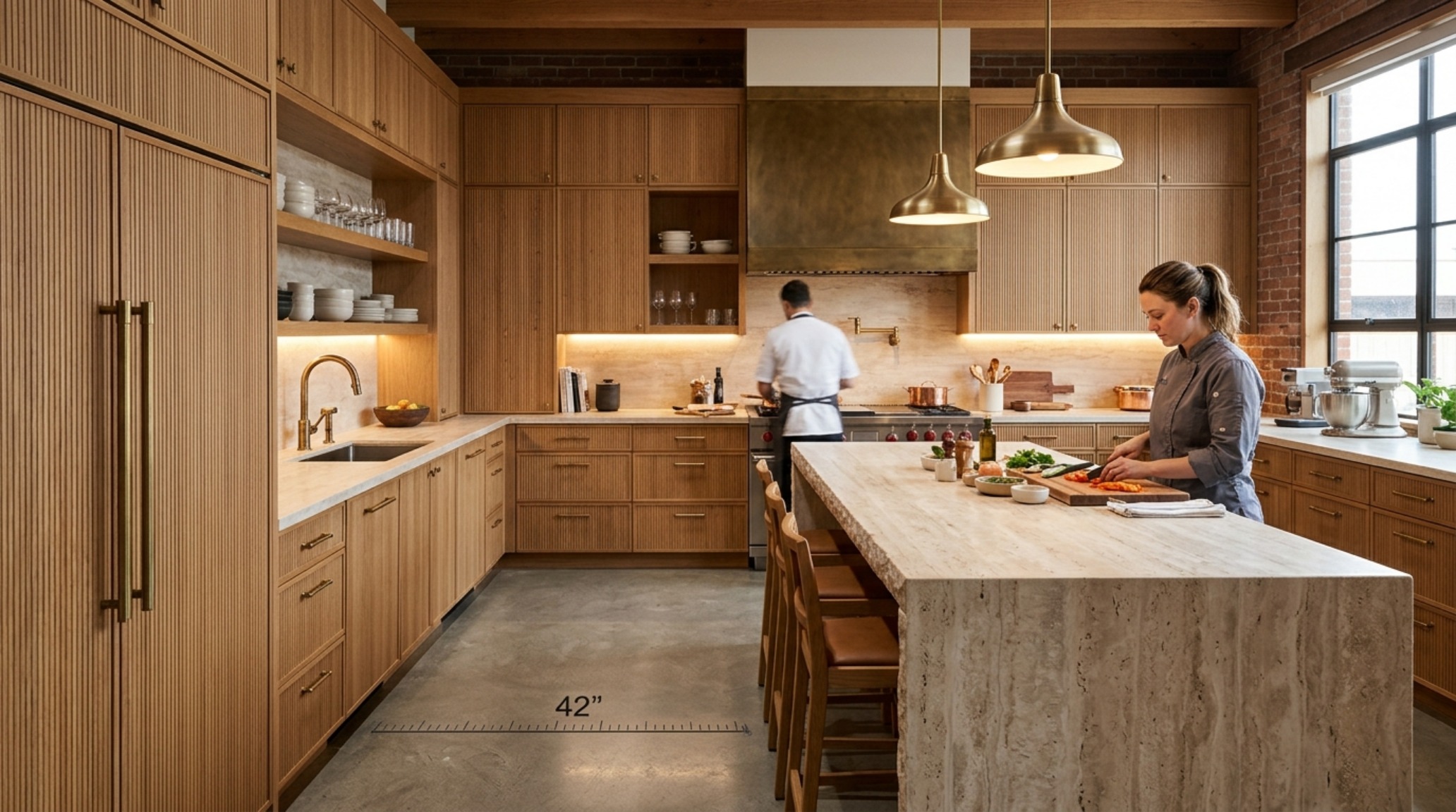 ergonomic kitchen clearances showing a 48-inch wide prep aisle between a honed travertine island and custom white oak cabinetry with integrated task lighting